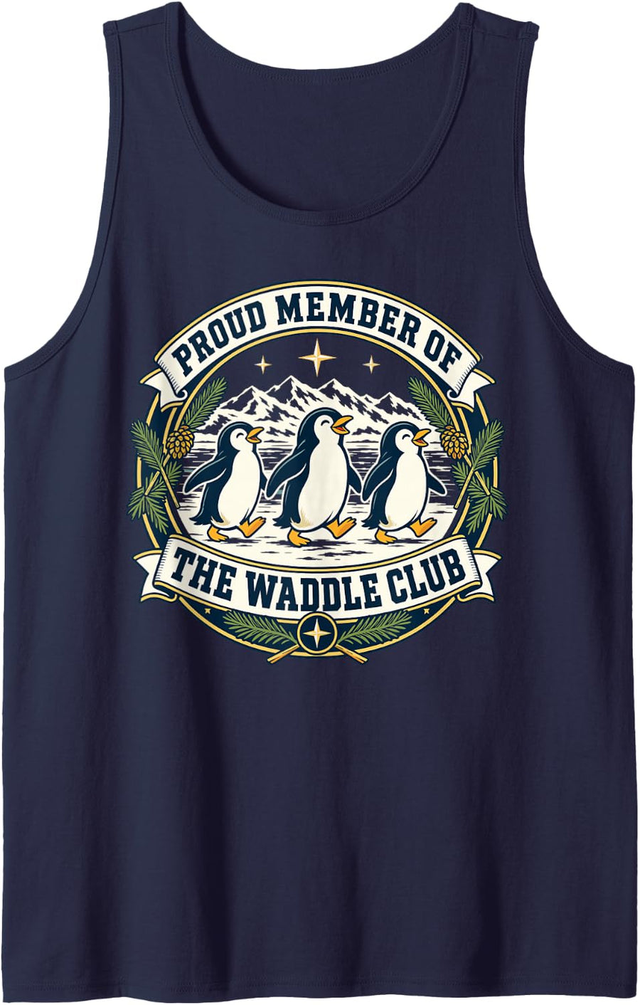 Proud Member of The Waddle Club Walking Penguins Sleeveless Tank Top - Navy Blue
