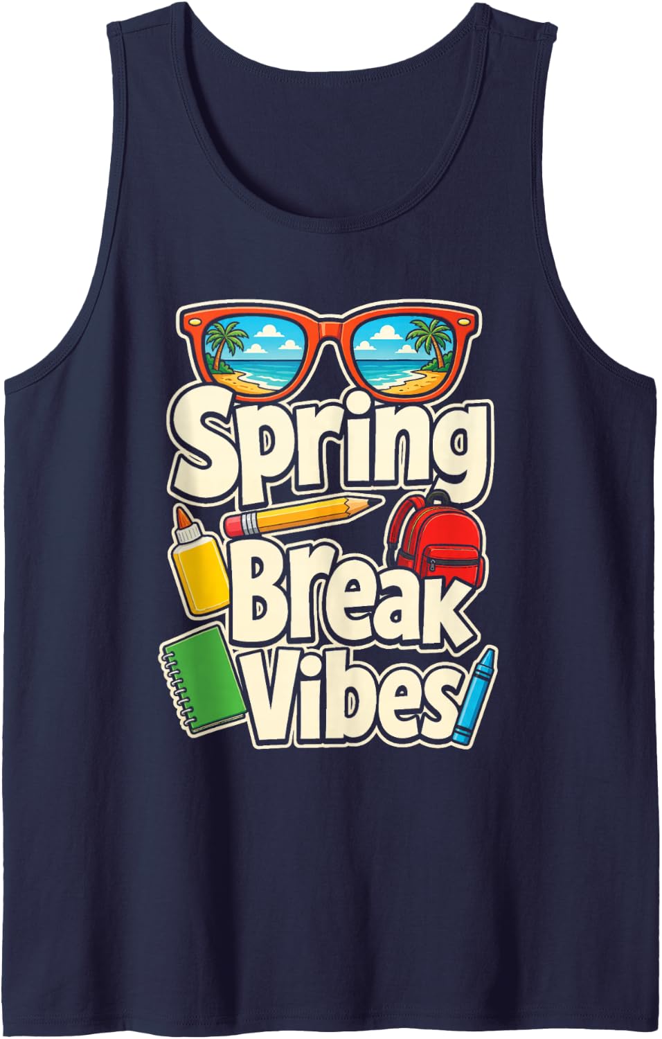 School Staff Spring Break Vibes Elementary Summer Teacher Sleeveless Tank Top - Navy Blue