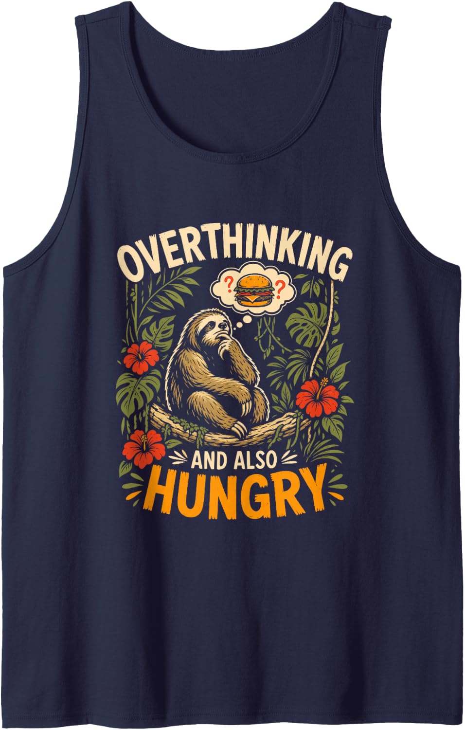 Overthinking and Also Hungry Sloth Eating Burger Tank Top - Navy Blue