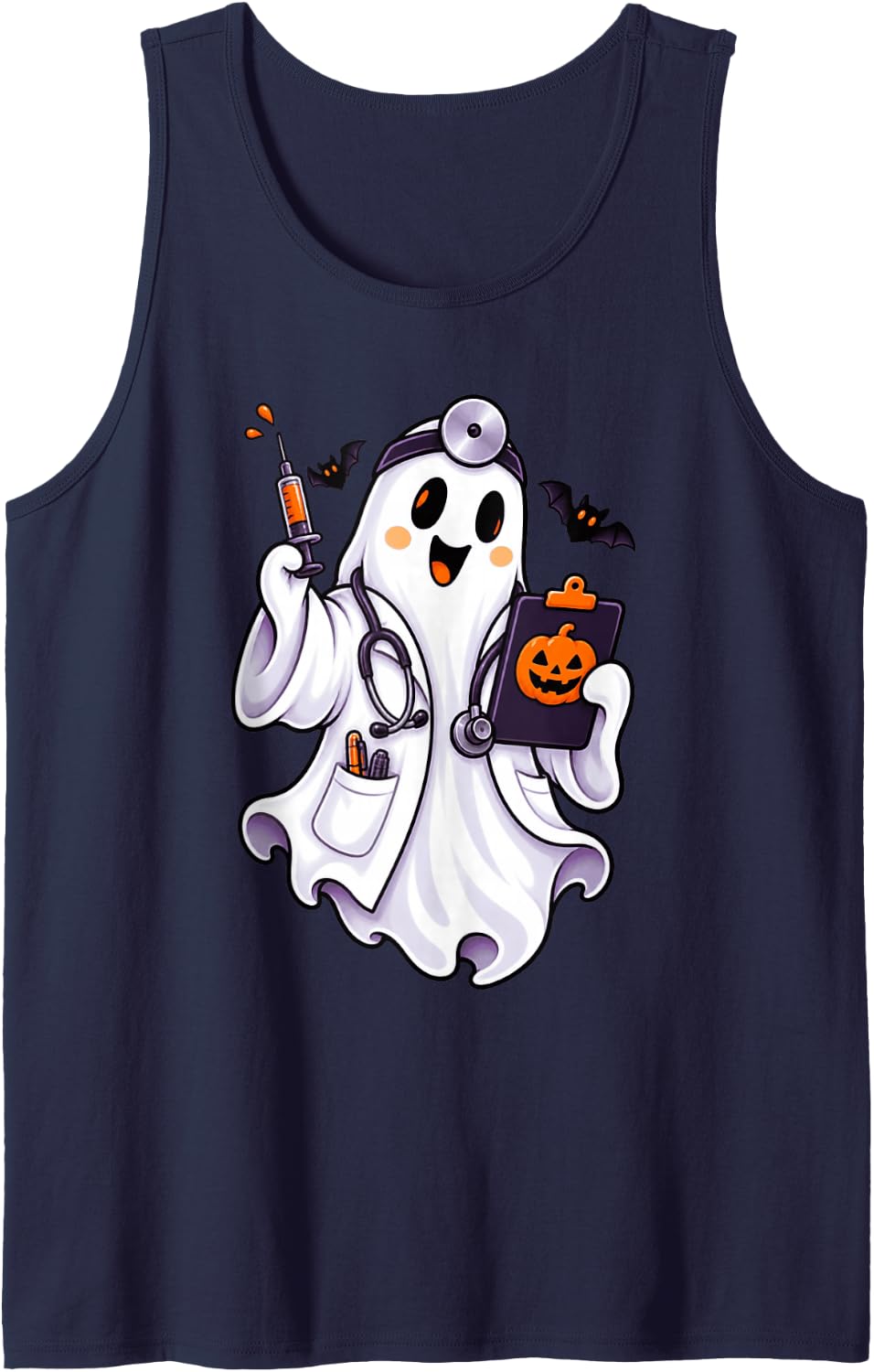 Kawaii Ghost Doctor Halloween Medical Professional Sleeveless Tank Top - Navy Blue