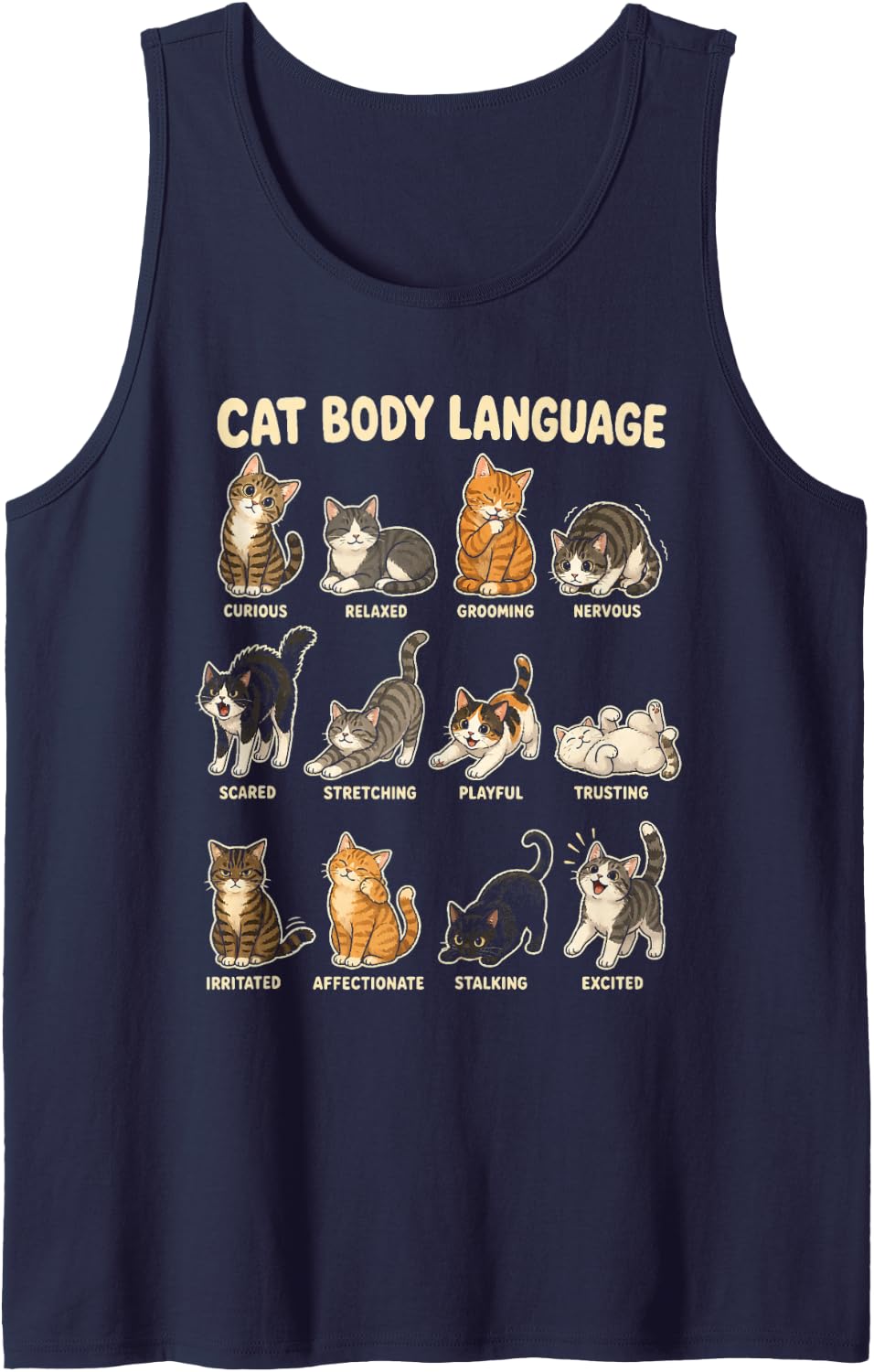 Cat Body Language Chart Mom Gift Curious Relaxed Playful Sleeveless Tank Top - Navy Blue