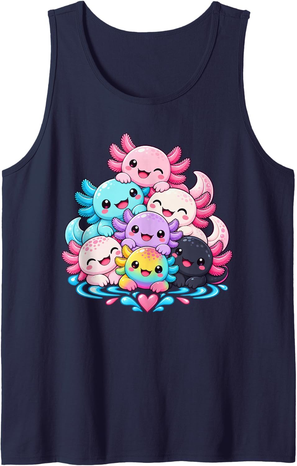 Cute Axolotl Group Kawaii Pastel Aquatic Creature Hearts Sleeveless Tank Top - Navy Blue