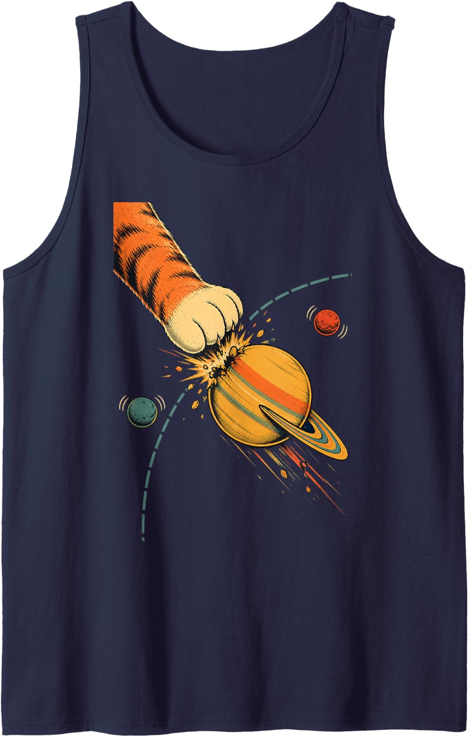 Funny Cat Saturn Astronomy Solar System Space Sleeveless Tank Top - Navy Blue