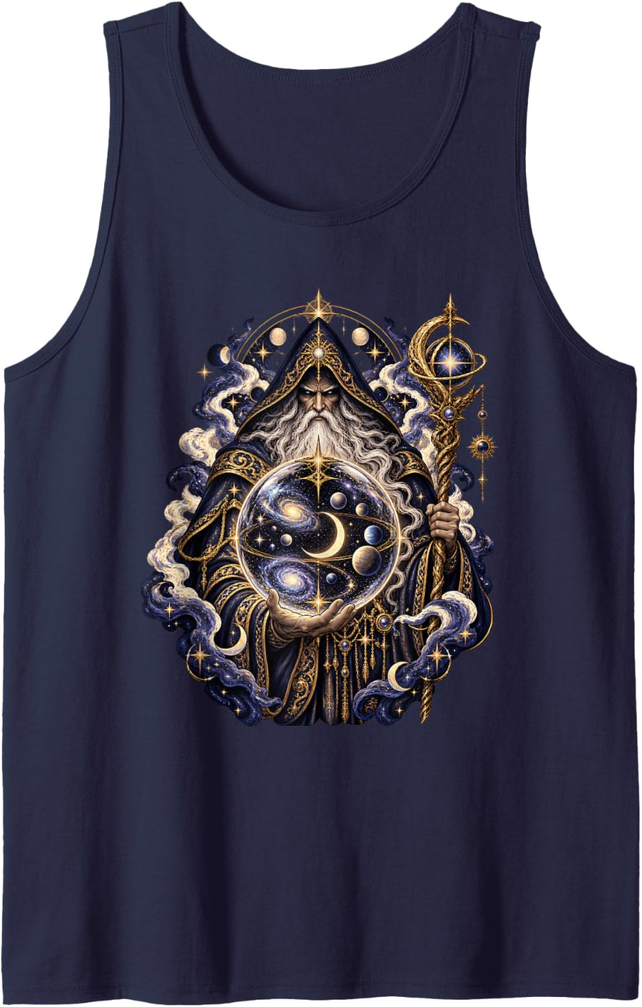 Cosmic Orb Celestial Sorcerer Magic Fantasy Wizard Sleeveless Tank Top - Navy Blue