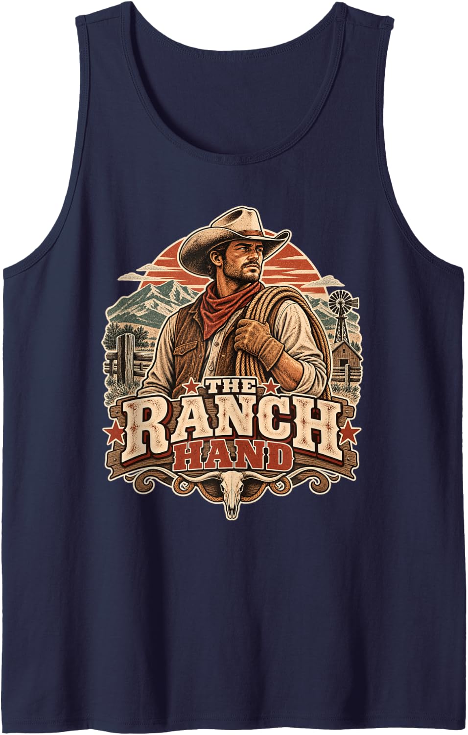 The Ranch Hand Cowboy Western Vintage Design Sleeveless Tank Top - Navy Blue