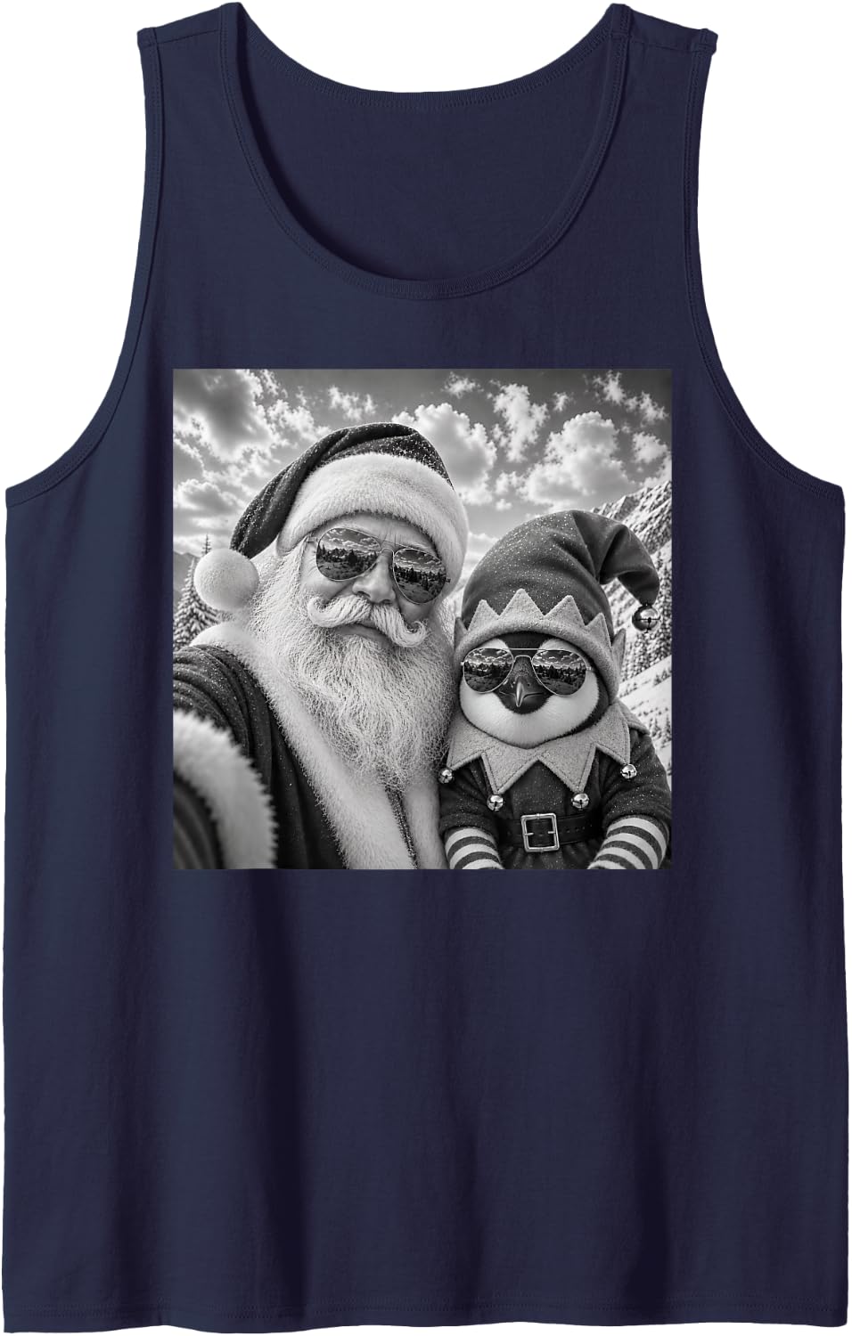 Funny Santa Selfie with Penguin Christmas Sleeveless Tank Top - Navy Blue