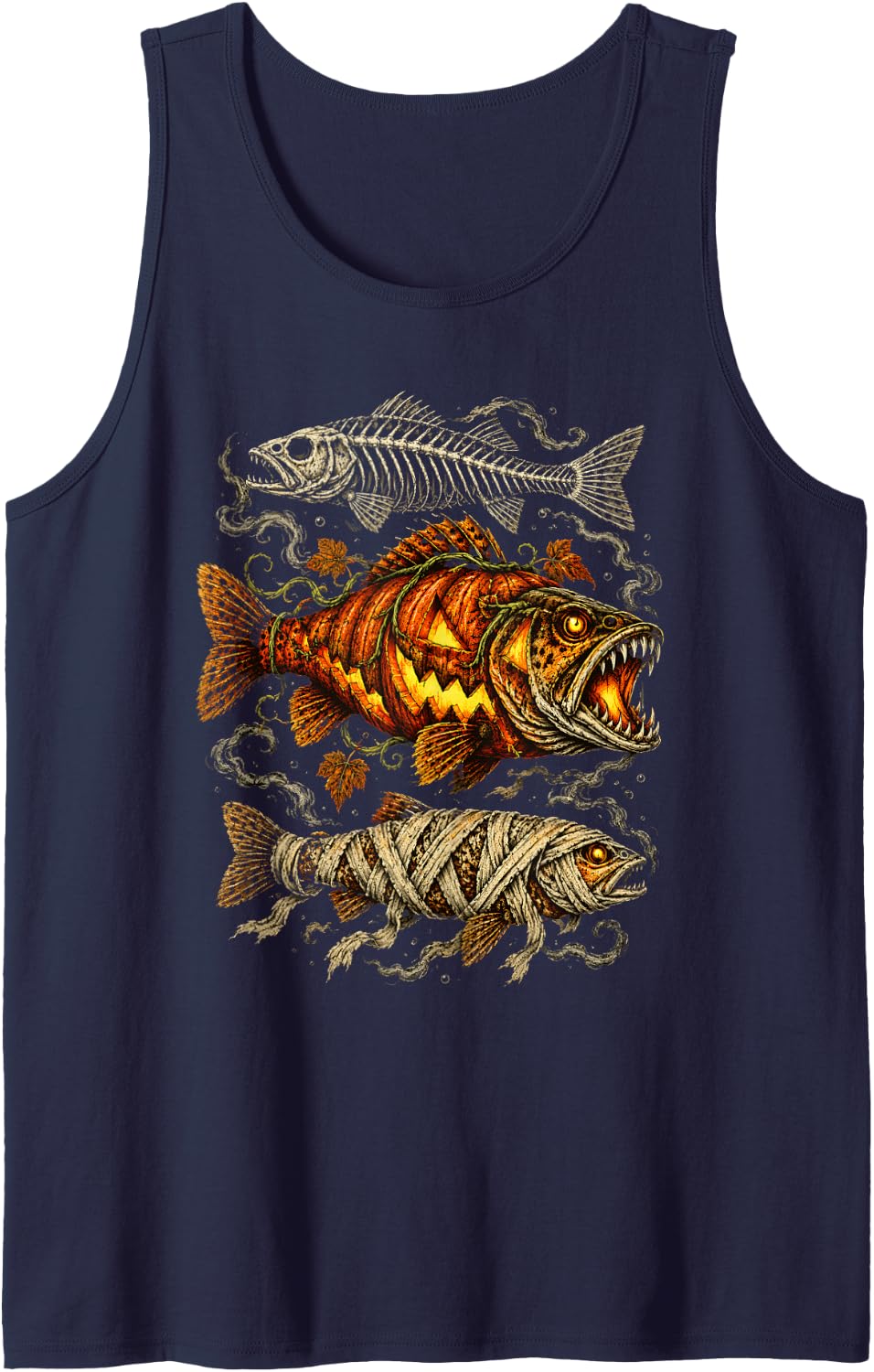 Halloween Trout Fish Ghost Pumpkin Skeleton Mummy Sleeveless Tank Top - Navy Blue