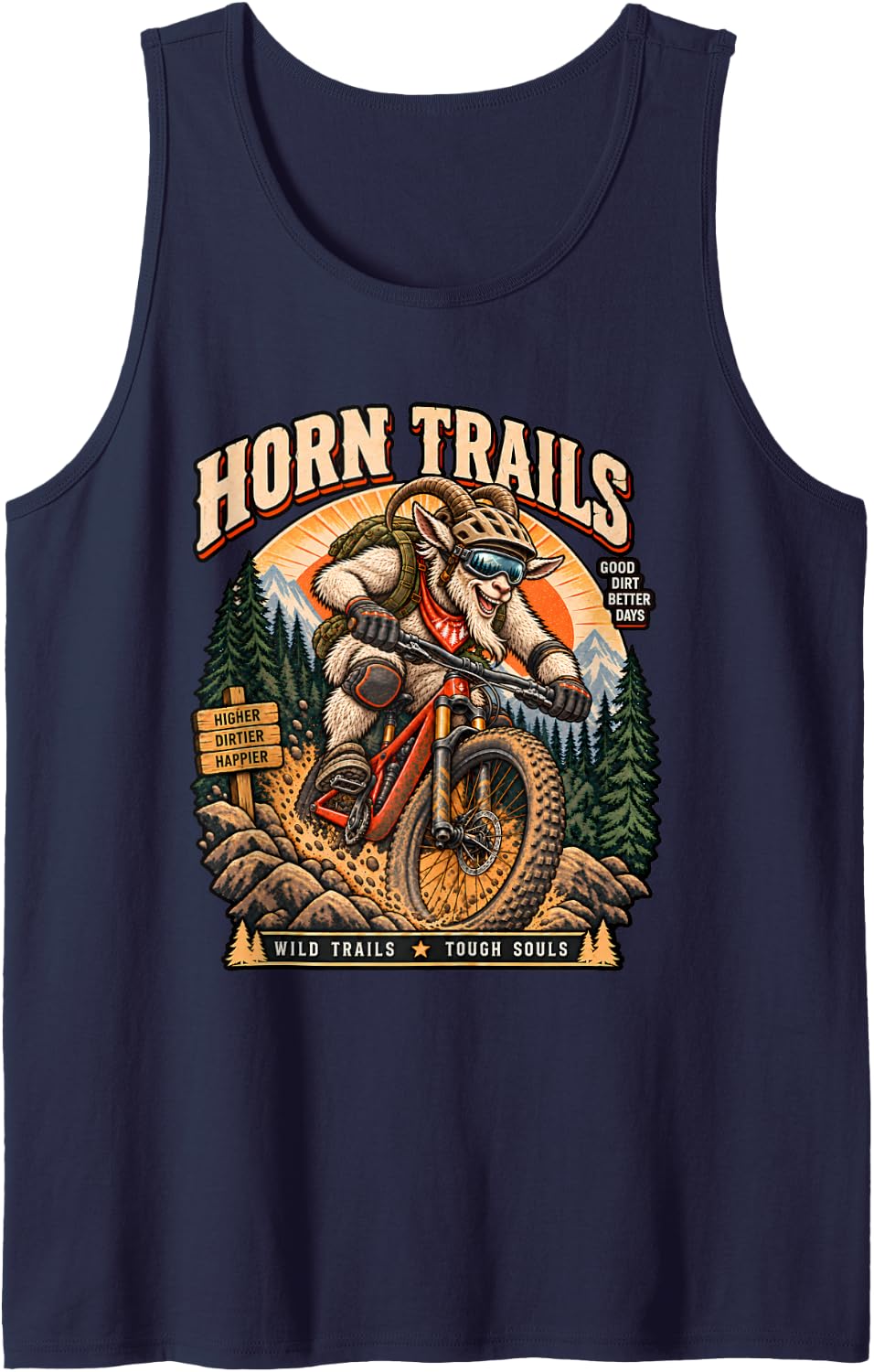 Funny Goat Riding Mountain Bike MTB Cycling Trail Rider Sleeveless Tank Top - Navy Blue