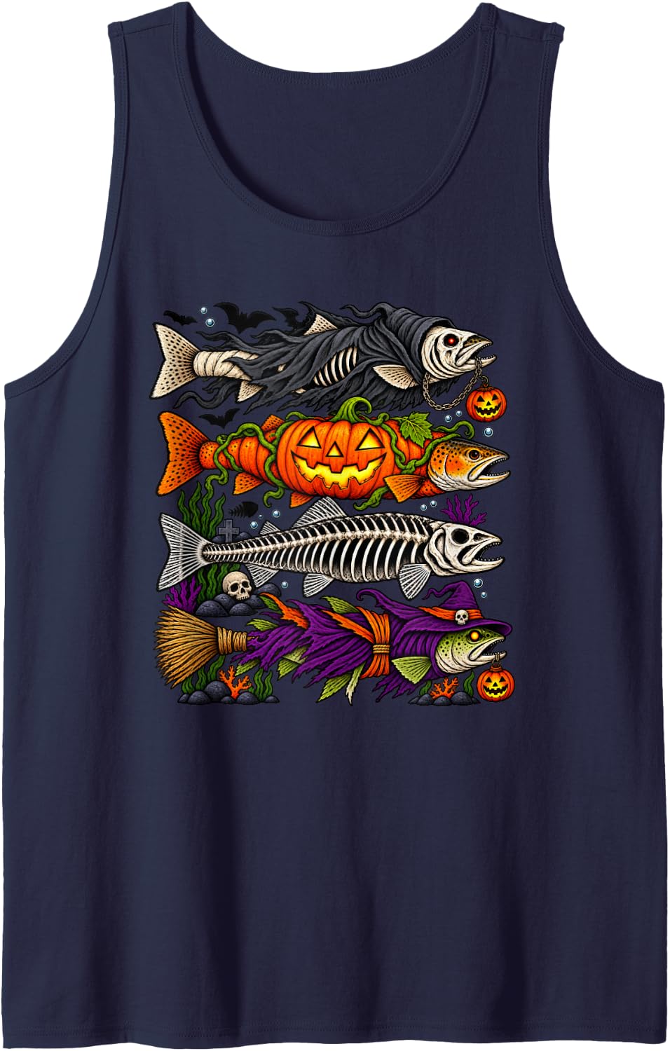 Trout Fish Ghost Pumpkin Skeleton Halloween Witch Sleeveless Tank Top - Navy Blue