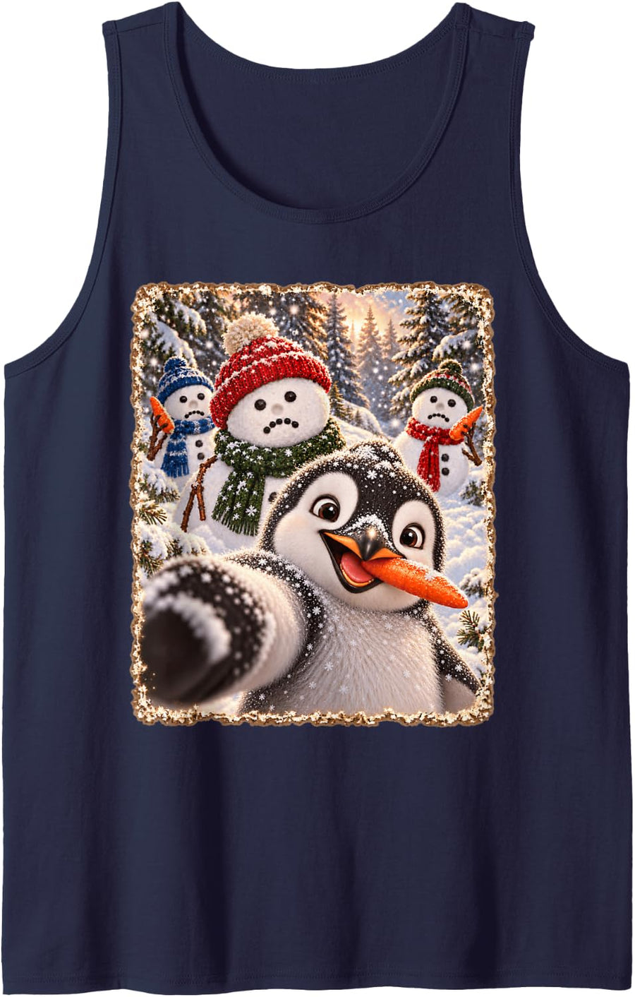 Funny Penguin Happy Christmas Snowman Selfie Sleeveless Tank Top - Navy Blue