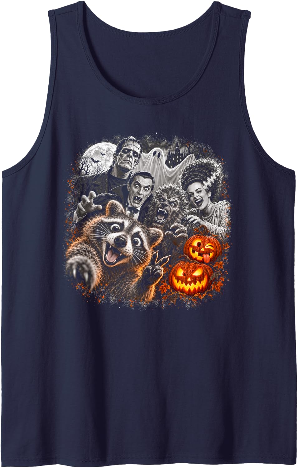 Halloween Raccoon Monster Selfie Stacked Pumpkins Art Sleeveless Tank Top - Navy Blue