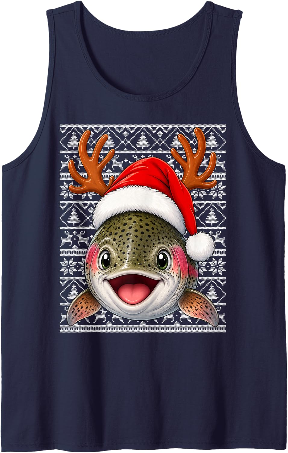 Rainbow Trout Fish Christmas Santa Hat Ugly Sweaters Xmas Sleeveless Tank Top - Navy Blue