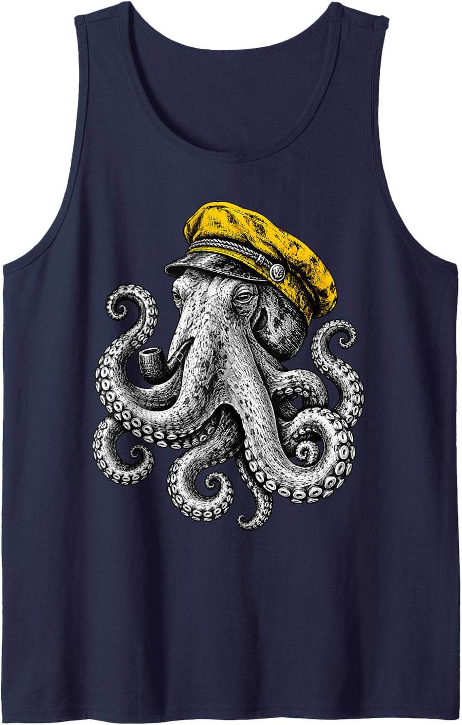 Captain Octopus Sailor Nautical Pipe Ocean Sea Art Sleeveless Tank Top - Navy Blue