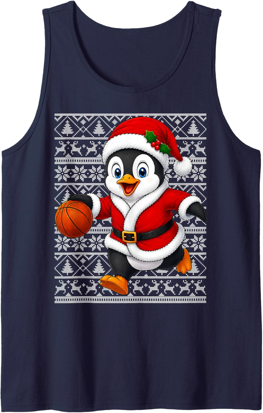 Santa Penguin Playing Basketball Christmas Sports Ugly Sleeveless Tank Top - Navy Blue