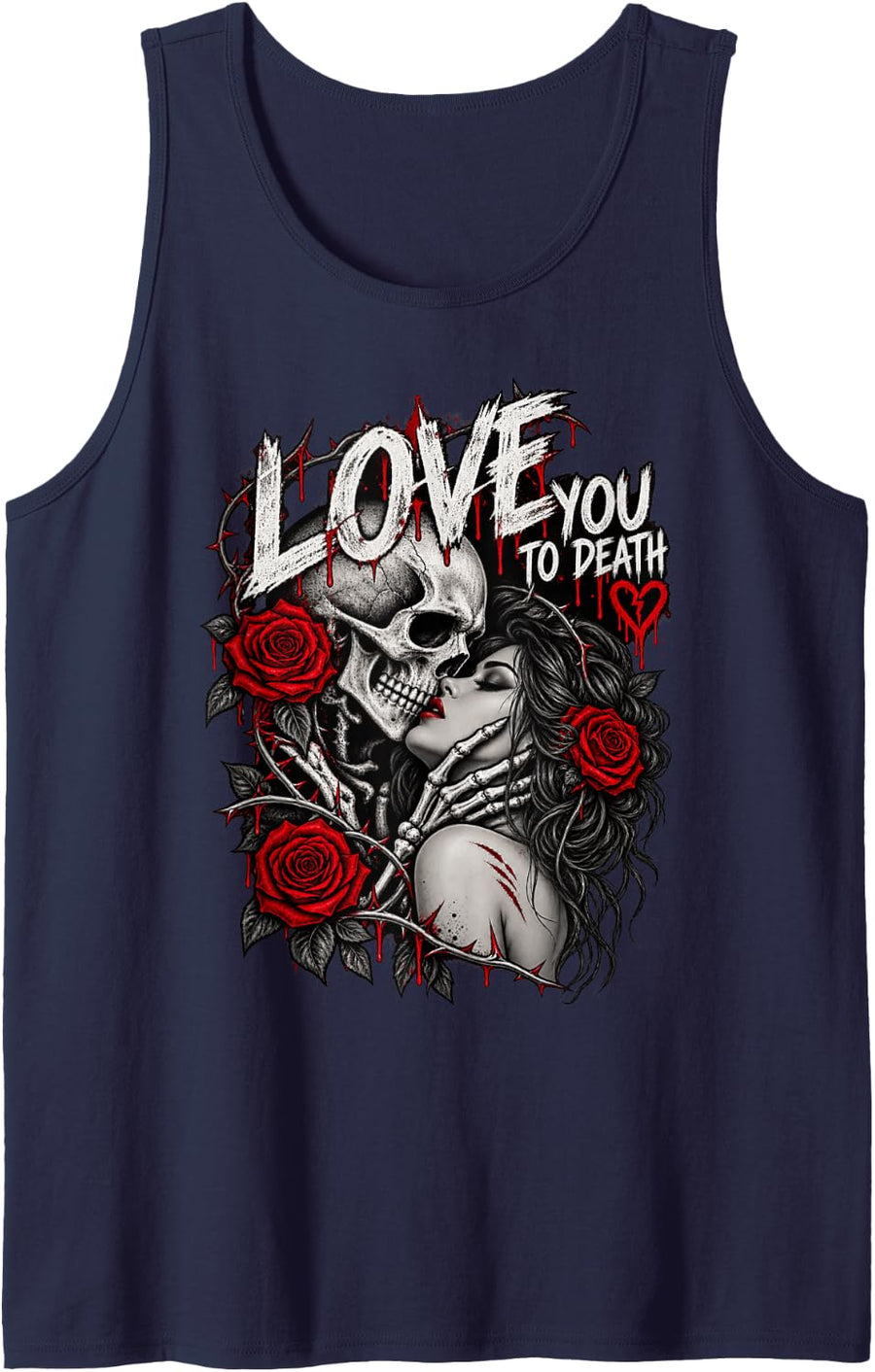 Dark Romance Gothic Skull Rose Love You to Death Sleeveless Tank Top - Navy Blue