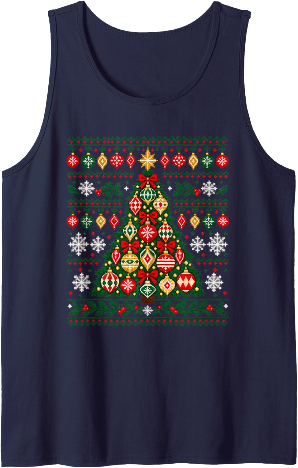 Ugly Christmas Sweater Pattern Tree with Ornaments & Bows Sleeveless Tank Top - Navy Blue