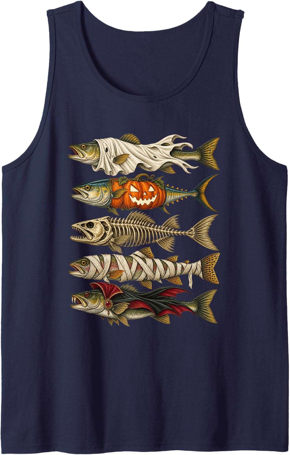Halloween Trout Fish Ghost Pumpkin Skeleton Vampire Mummy Sleeveless Tank Top - Navy Blue