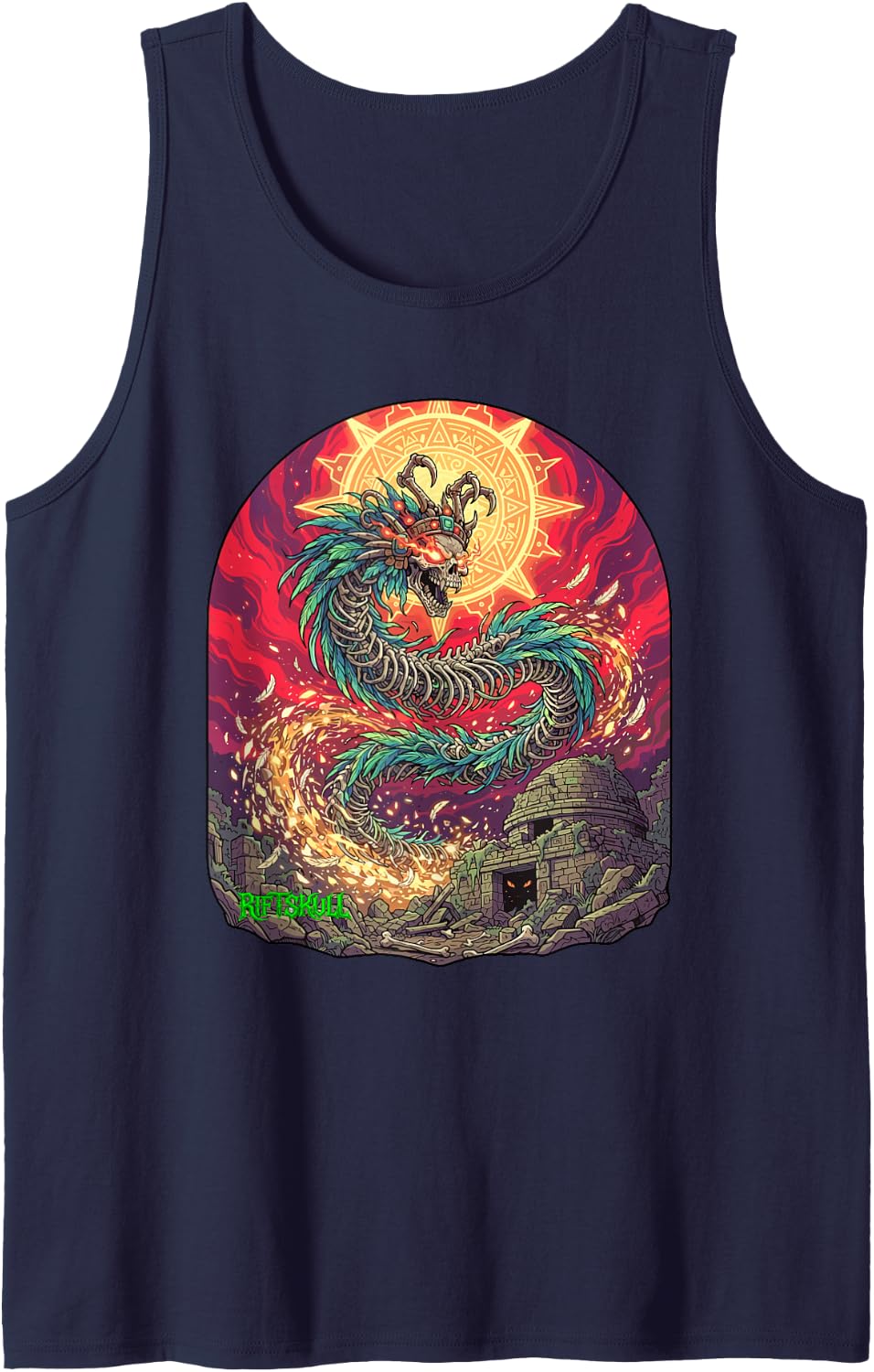 Skeleton Feathered Serpent Aztec Mythological Dark Fantasy Sleeveless Tank Top - Navy Blue