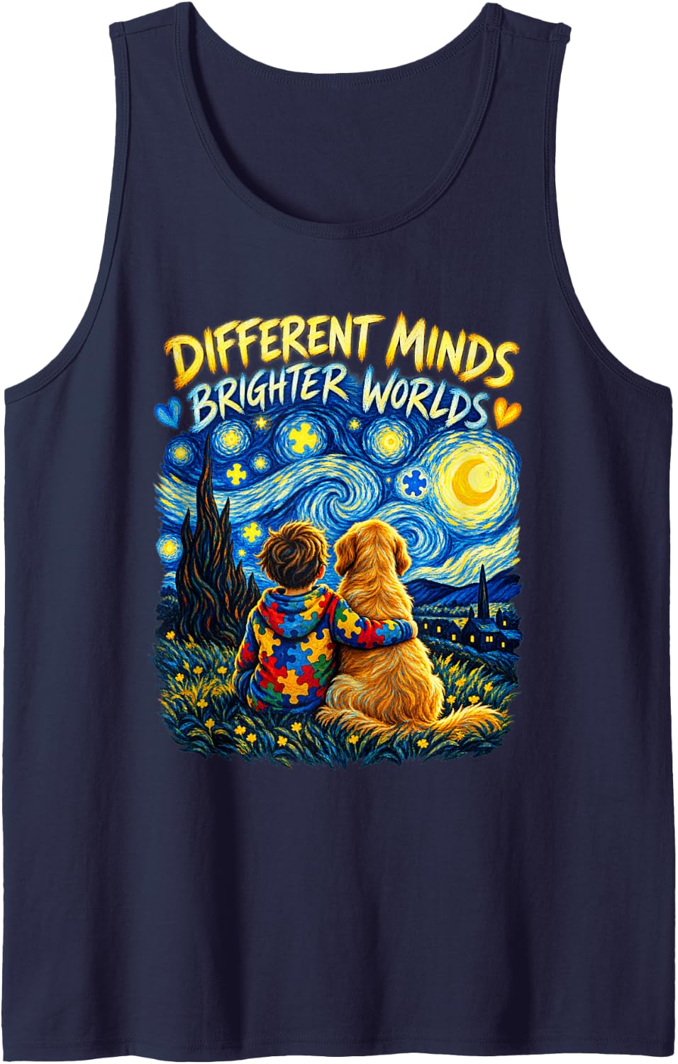 Autism Awareness Puzzle Different Minds Brighter Worlds Sleeveless Tank Top - Navy Blue