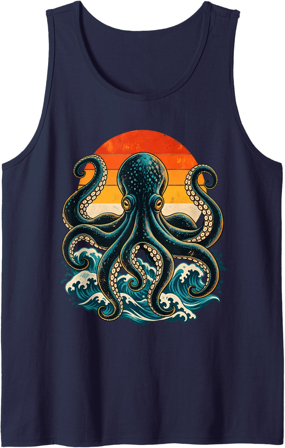 Retro Sunset Octopus Coastal Wave Ocean Art Sleeveless Tank Top - Navy Blue