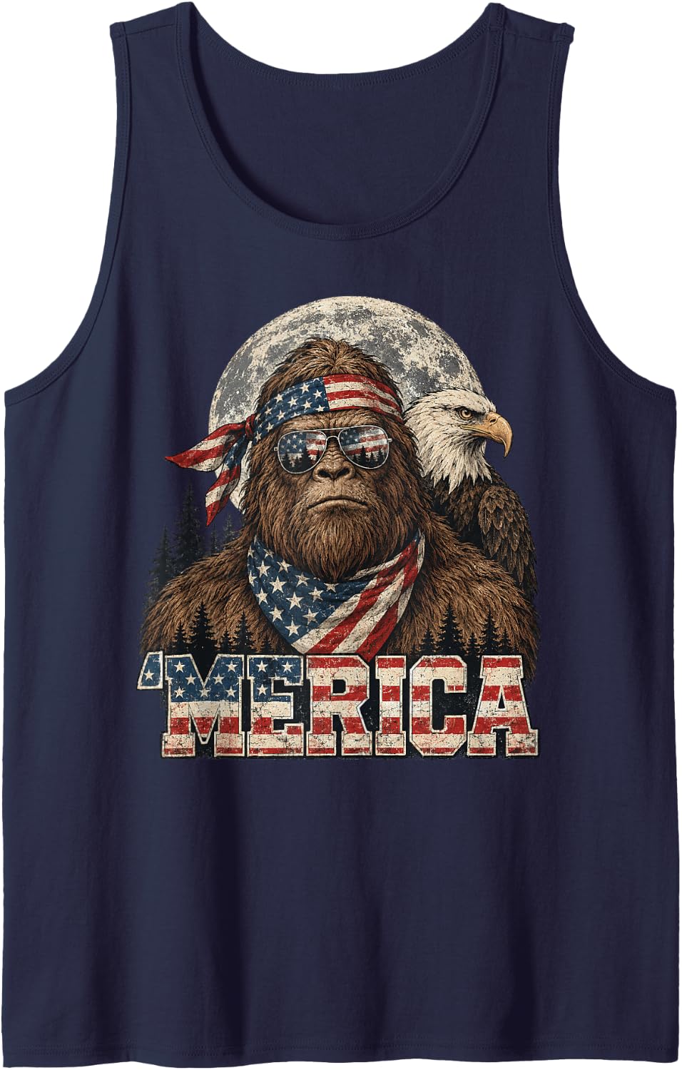 Patriotic Bigfoot Sasquatch American Flag Eagle Cryptid Gift Sleeveless Tank Top - Navy Blue