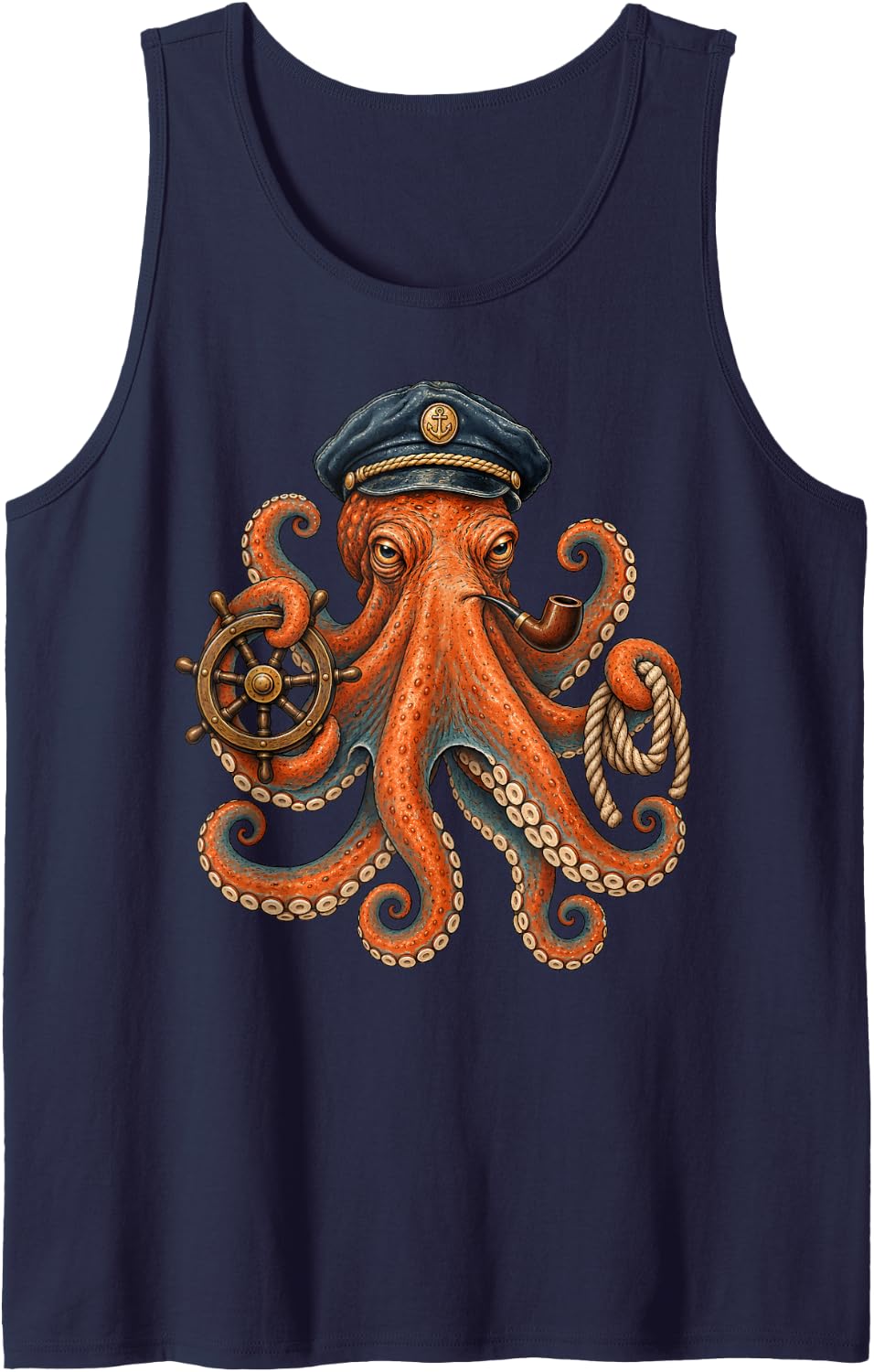 Captain Octopus Sailor Nautical Ship Wheel Ocean Sleeveless Tank Top - Navy Blue
