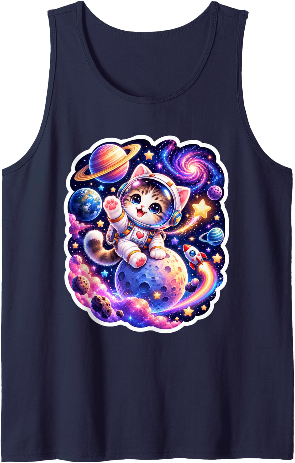 Cute Space Cat Astronaut Galaxy Adventure Sleeveless Tank Top - Navy Blue