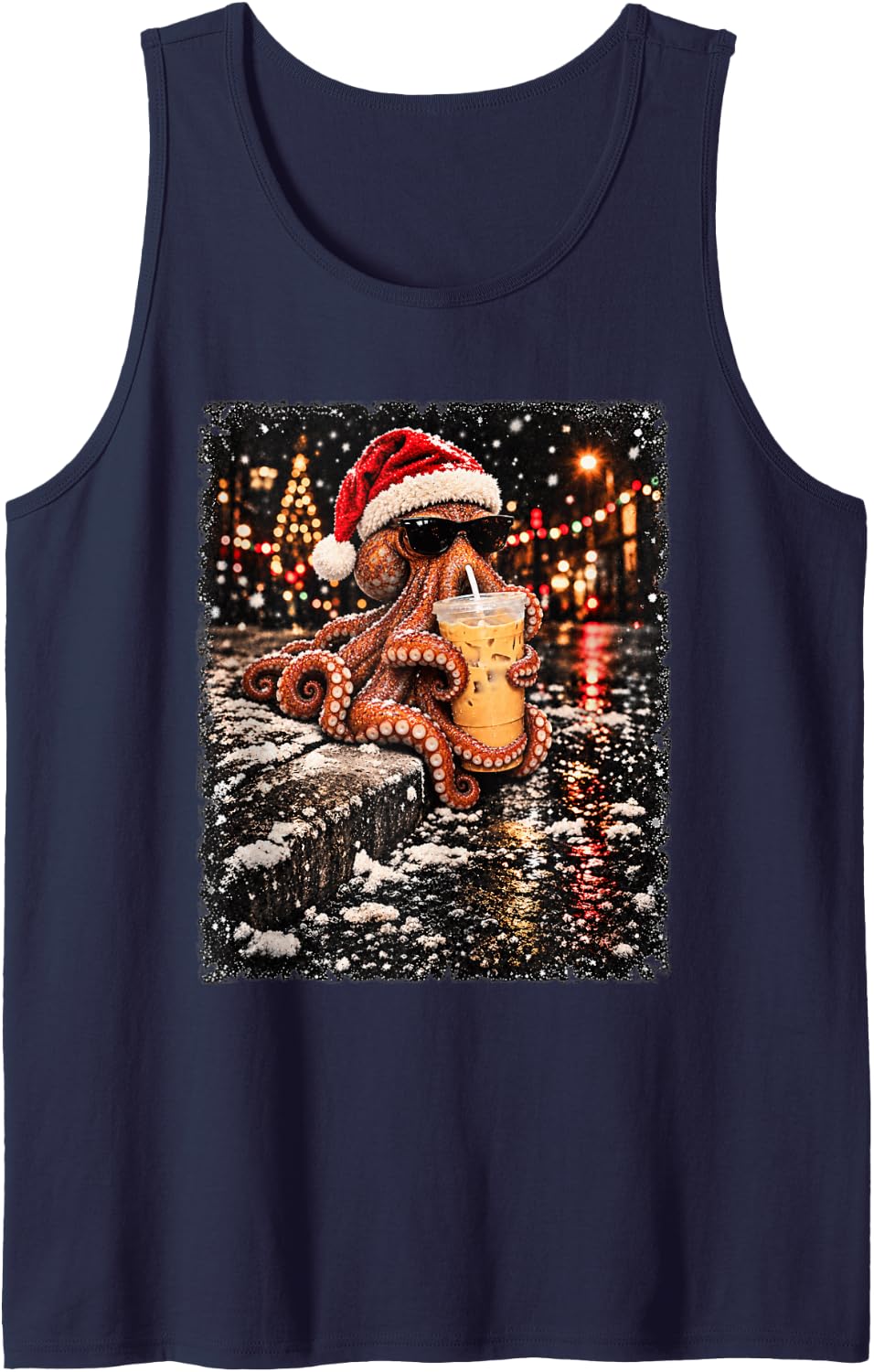 Funny Octopus Drinking Iced Coffee Christmas Animal Meme Sleeveless Tank Top - Navy Blue