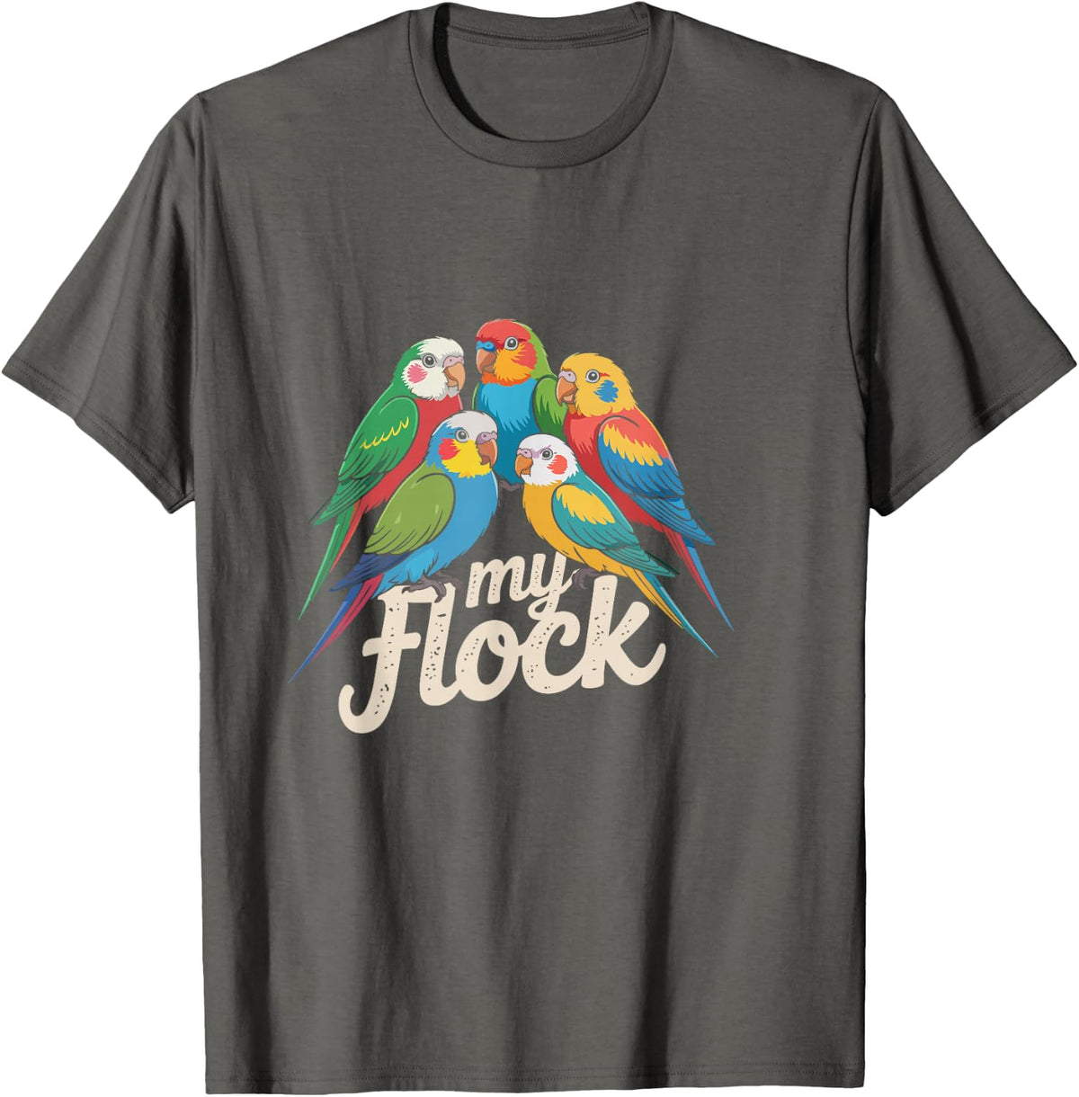 Parakeet Flock Family Cute Illustration Bird Owner Parent T-Shirt - Asphalt Grey