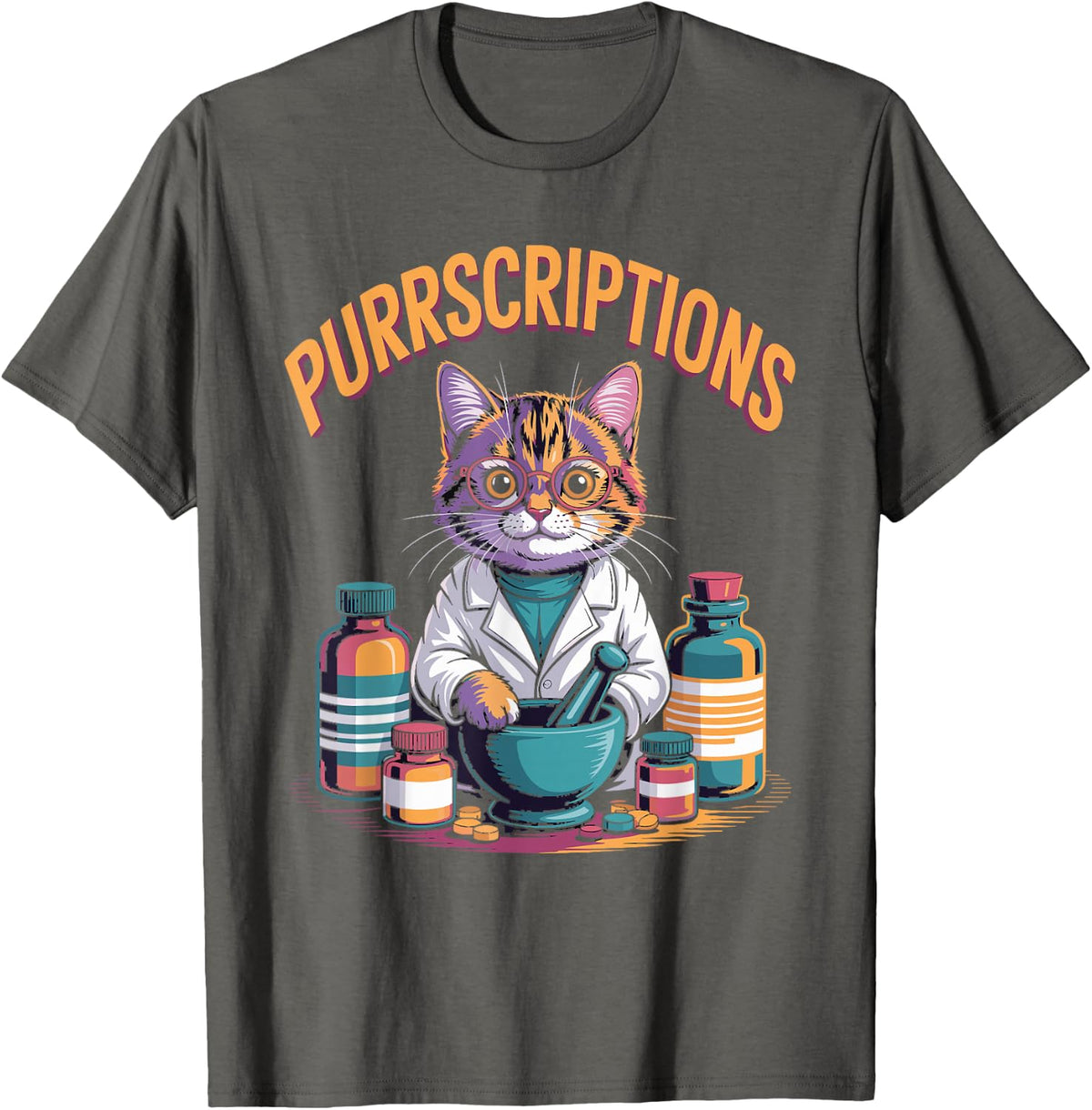 Purrscriptions Funny Cat Pharmacy Pun Art T-Shirt - Asphalt Grey