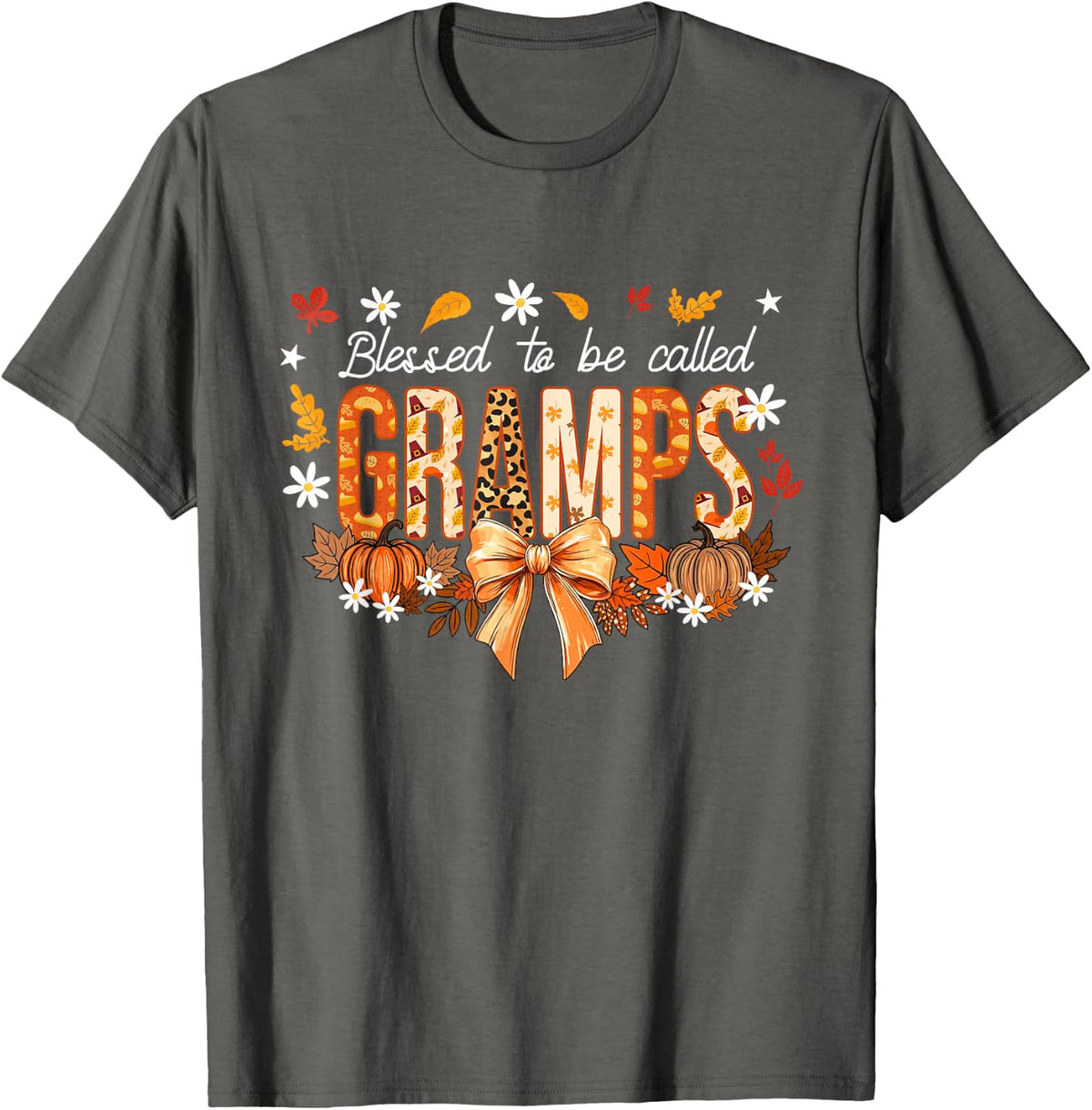 Blessed to Be Called Gramps Coquette Bows Thanksgiving T-Shirt - Asphalt Grey