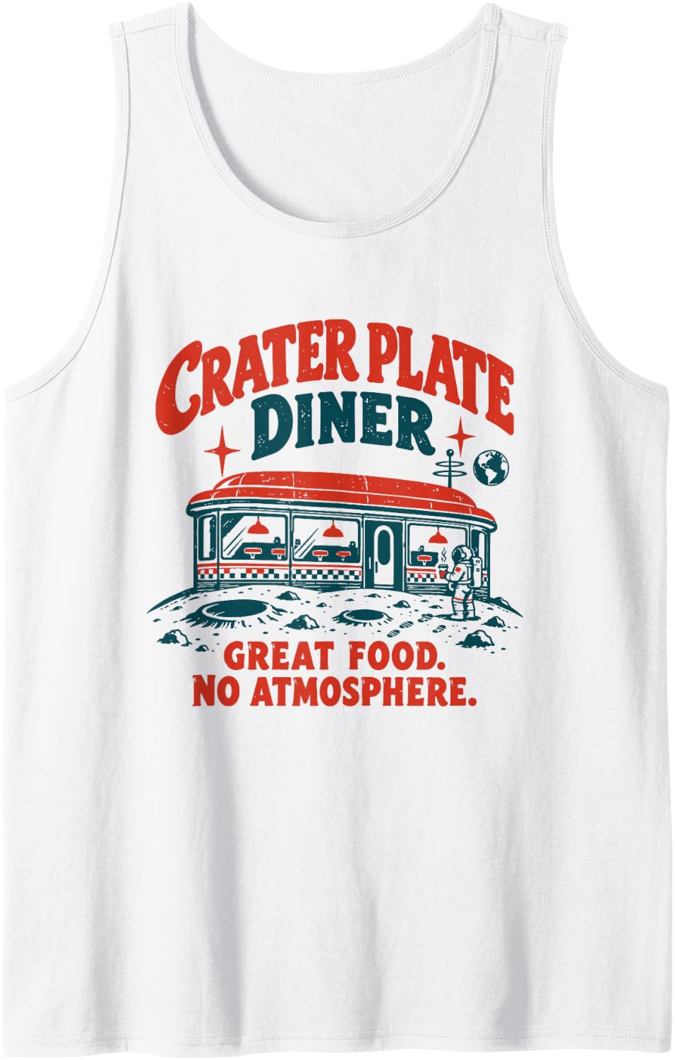 Crater Plate Diner Funny Retro Moon Cafe Astronaut Design Sleeveless Tank Top - White