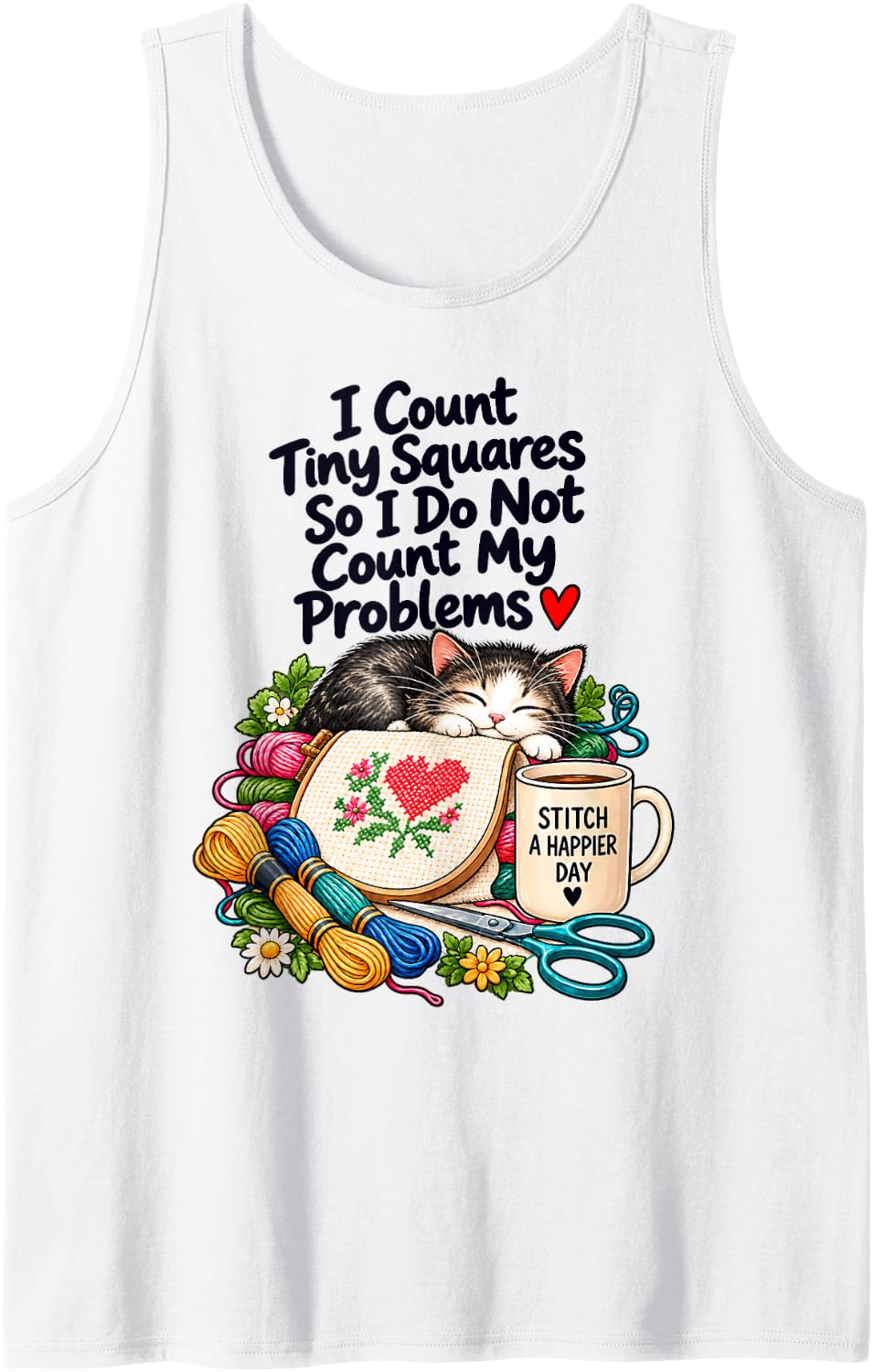 Funny Cross Stitch Cat Counting Squares Needlework Lover Sleeveless Tank Top - White