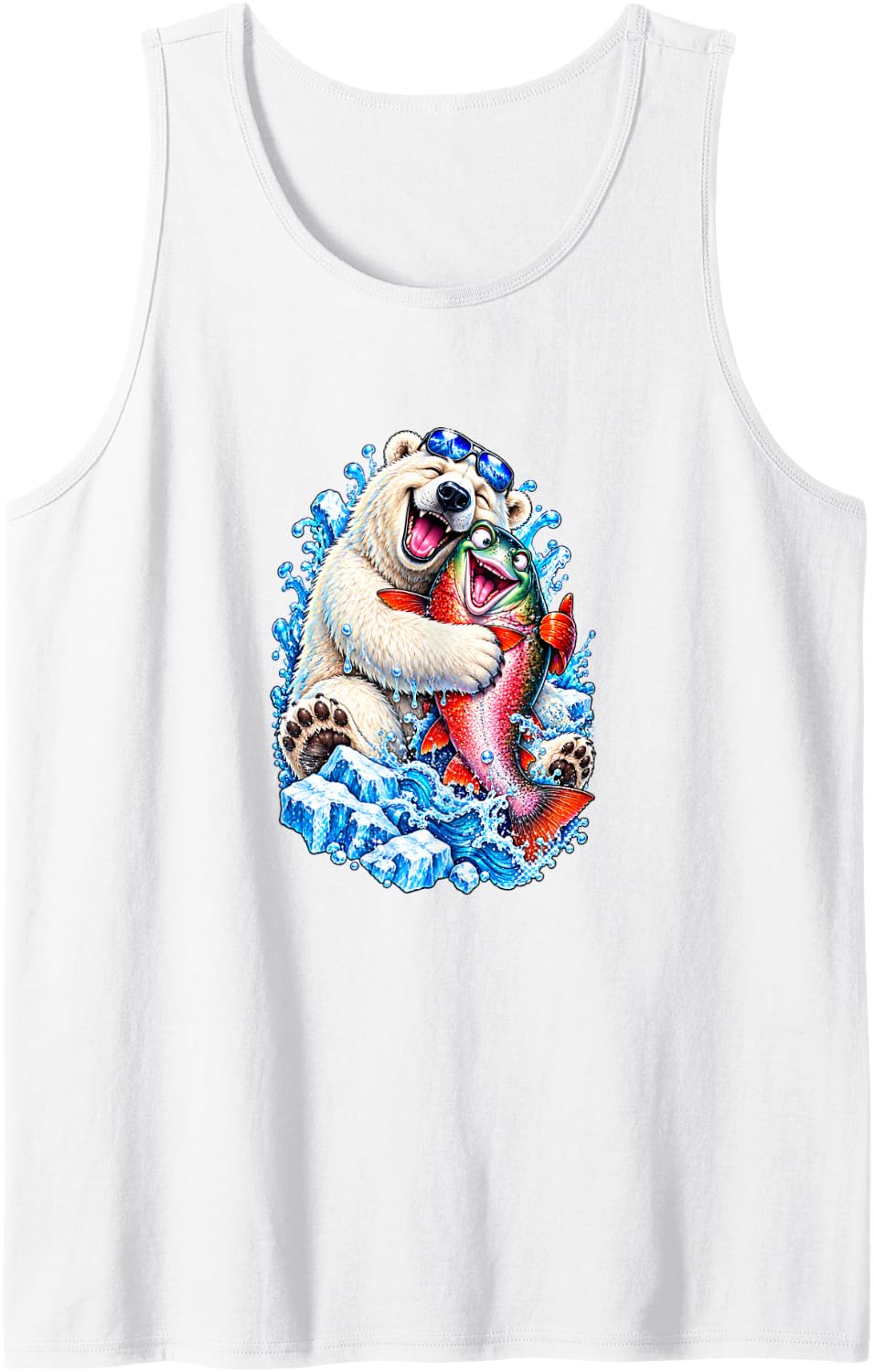 Happy Polar Bear Hugging Fish Summer Splash Sleeveless Tank Top - White