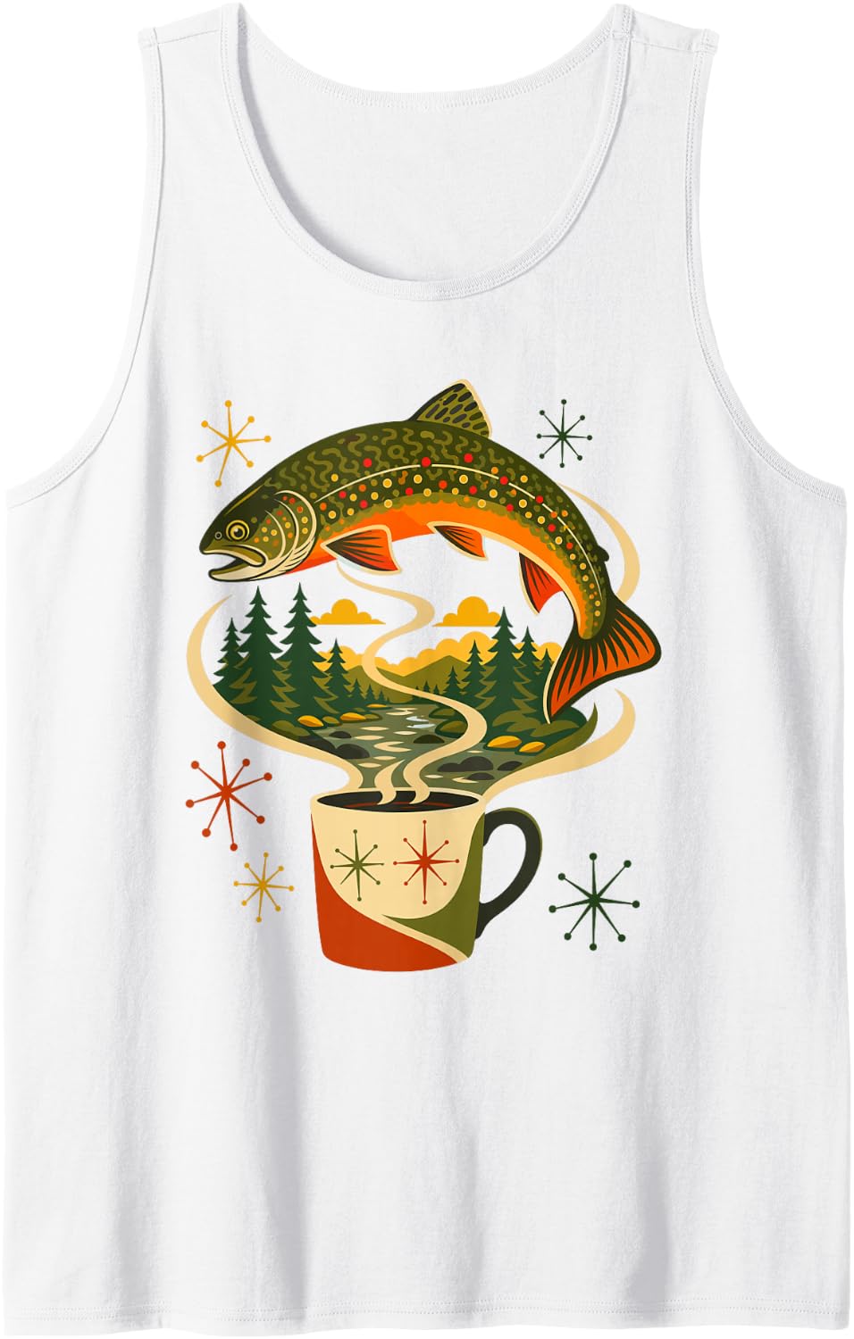 Brook Trout Fishing Coffee Mountain Stream Sleeveless Tank Top - White