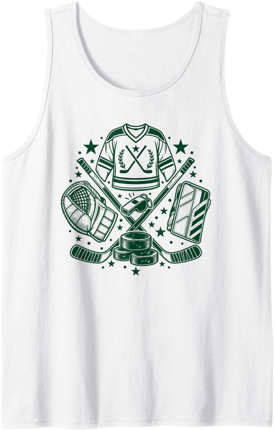 Hockey Jersey Helmet Sticks and Puck Ice Rink Fan Style Sleeveless Tank Top - White
