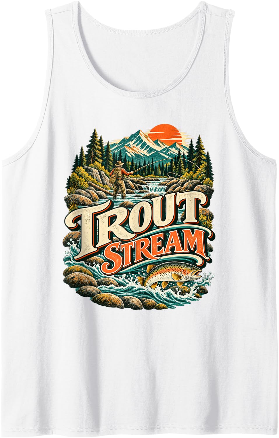Trout Stream Vintage Fly Fishing Angler Sleeveless Tank Top - White