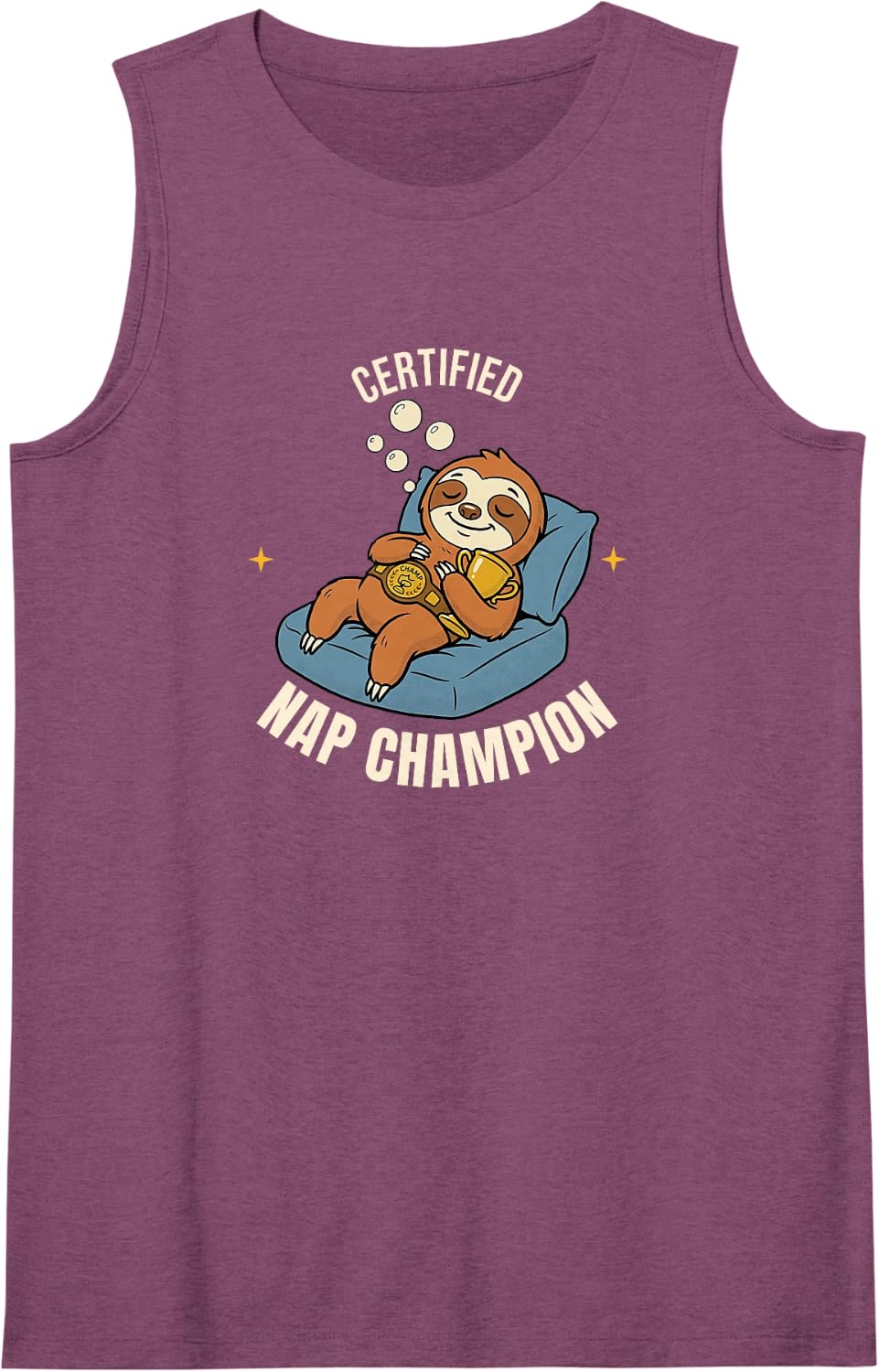 Certified Nap Champion Funny Sleeping Sloth Lazy Day Humor Sleeveless Tank Top - Purple