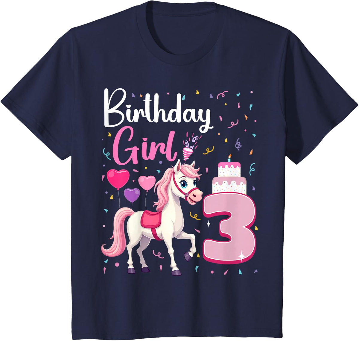 Cute 3 Year Old Girl 3rd Birthday Girl Funny Horse Lover T-Shirt - Navy Blue