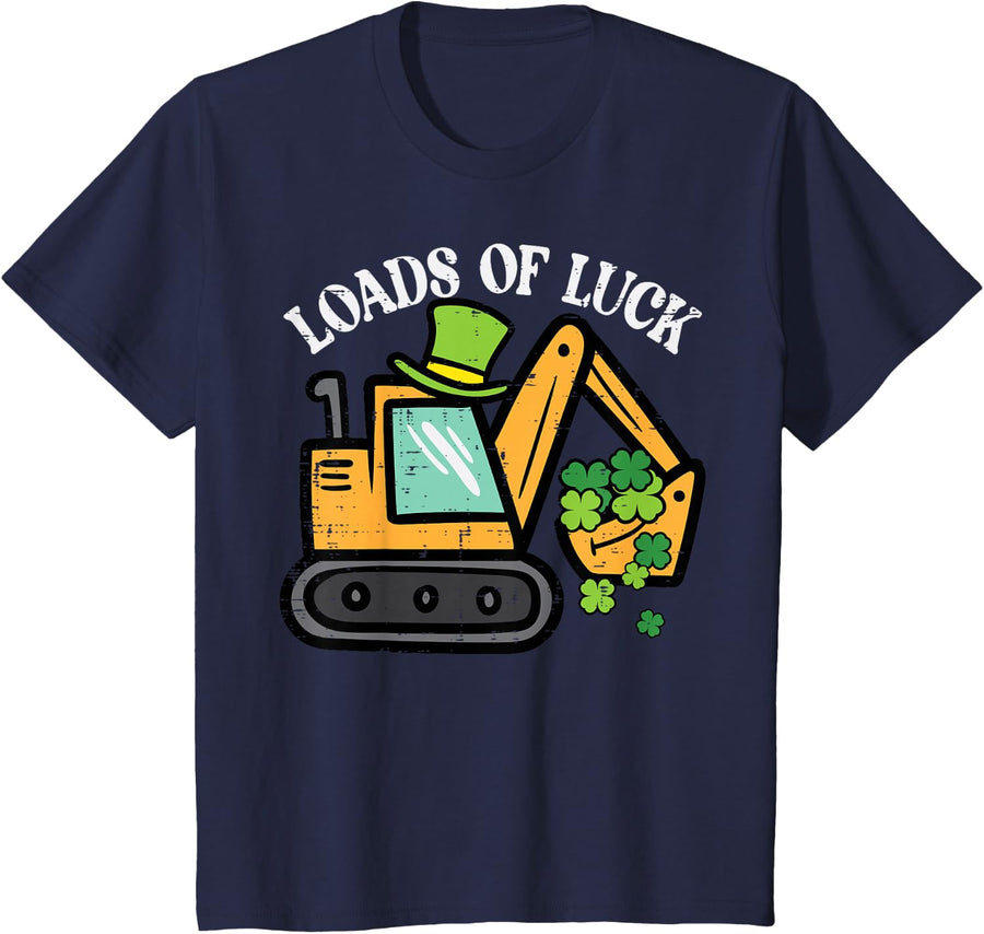 Kids St Patricks Day Excavator Loads Luck Saint Paddys Truck Boys T-Shirt - Navy Blue