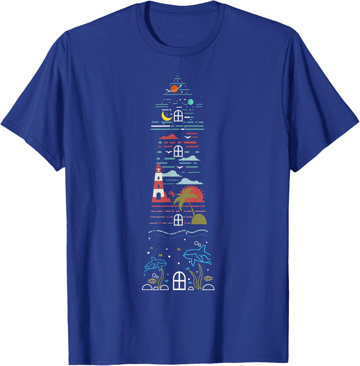 Whale Fish Seagull Sun Planet Island Sea - Lighthouse T-Shirt - Royal Blue