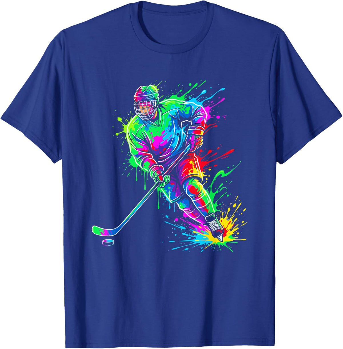 Vibrant Paint Splatter Ice Hockey Player Art T-Shirt - Royal Blue