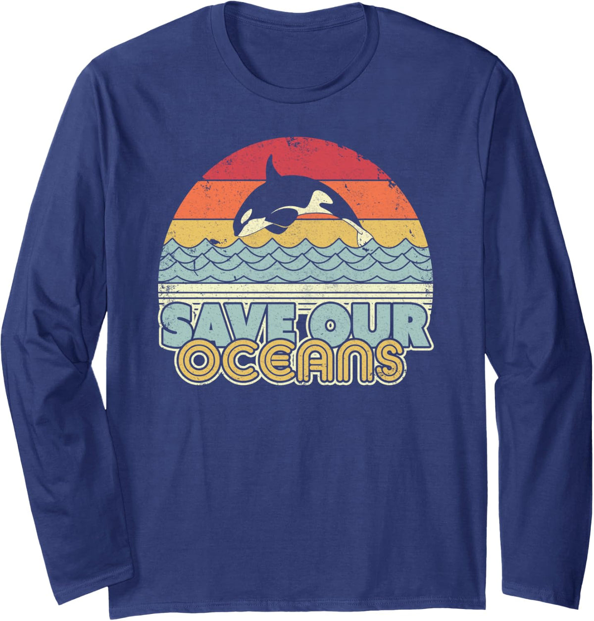 Save Our Oceans, Orca Whale, Retro Climate Change Long Sleeve T-Shirt - Adult Unisex Navy Blue