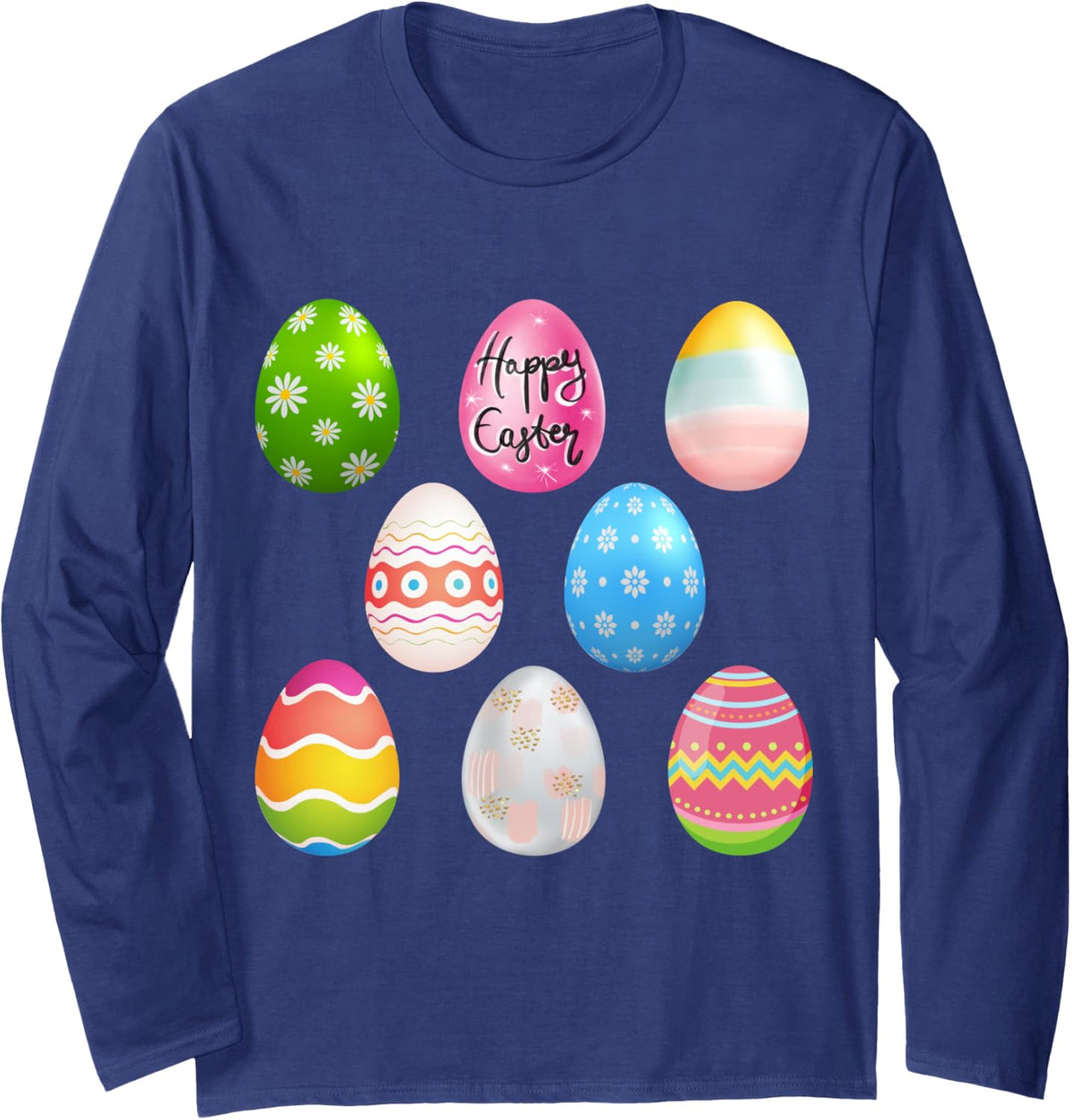Happy Easter Sunday fun decorated bunny egg designs tee Long Sleeve T-Shirt - Adult Unisex Navy Blue