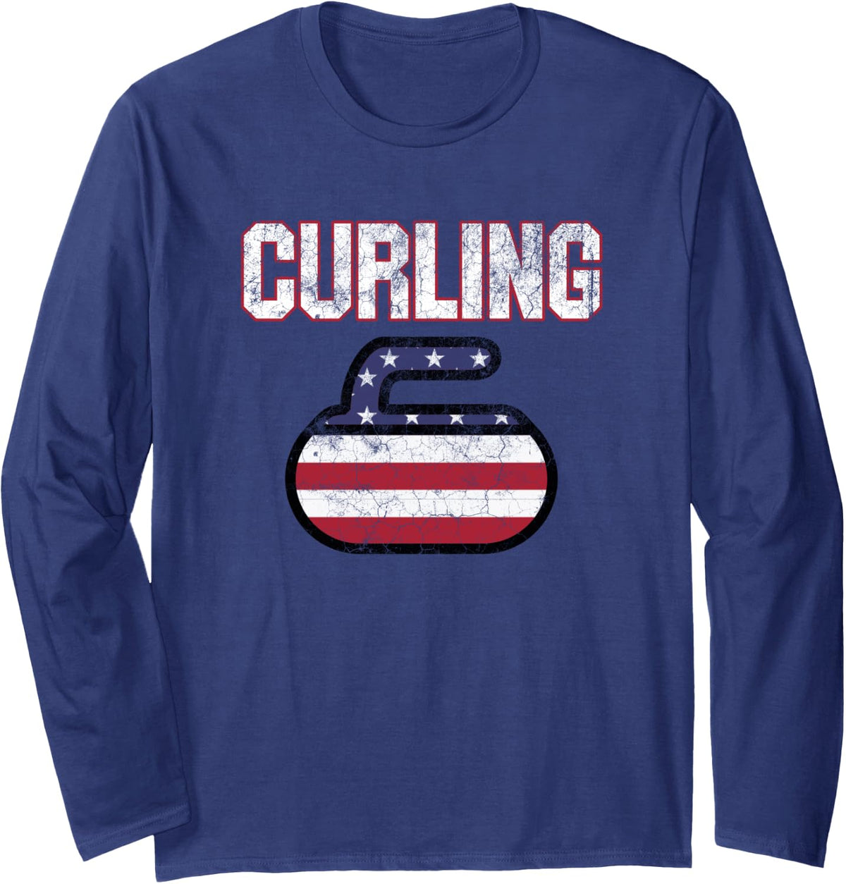 USA American Flag Curling Stone For Men Women T Shirt Long Sleeve T-Shirt - Adult Unisex Navy Blue