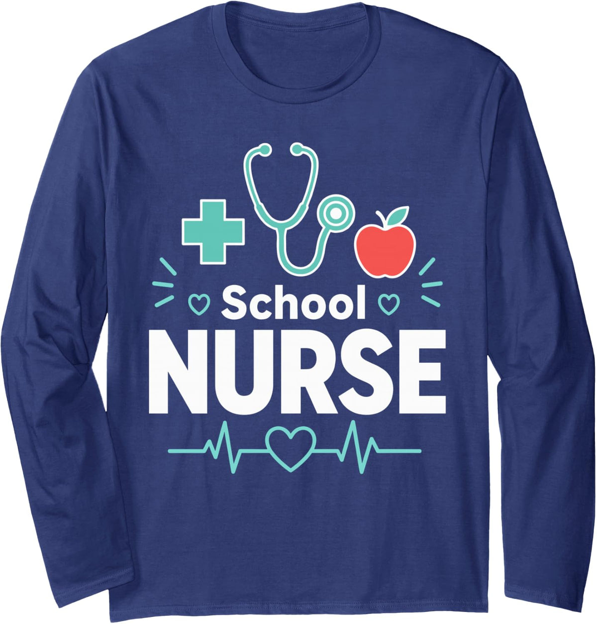 School Nurse Apple Stethoscope Heartbeat Long Sleeve T-Shirt - Adult Unisex Navy Blue
