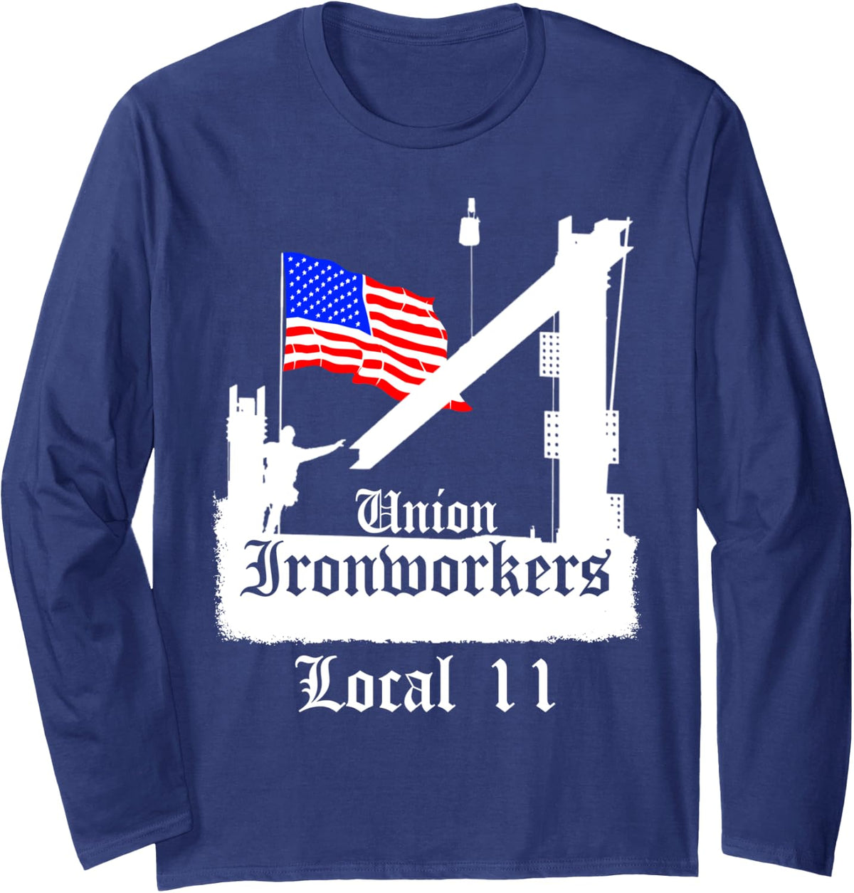 Union Ironworkers Local 11 American Flag New Jersey Long Sleeve T-Shirt - Adult Unisex Navy Blue