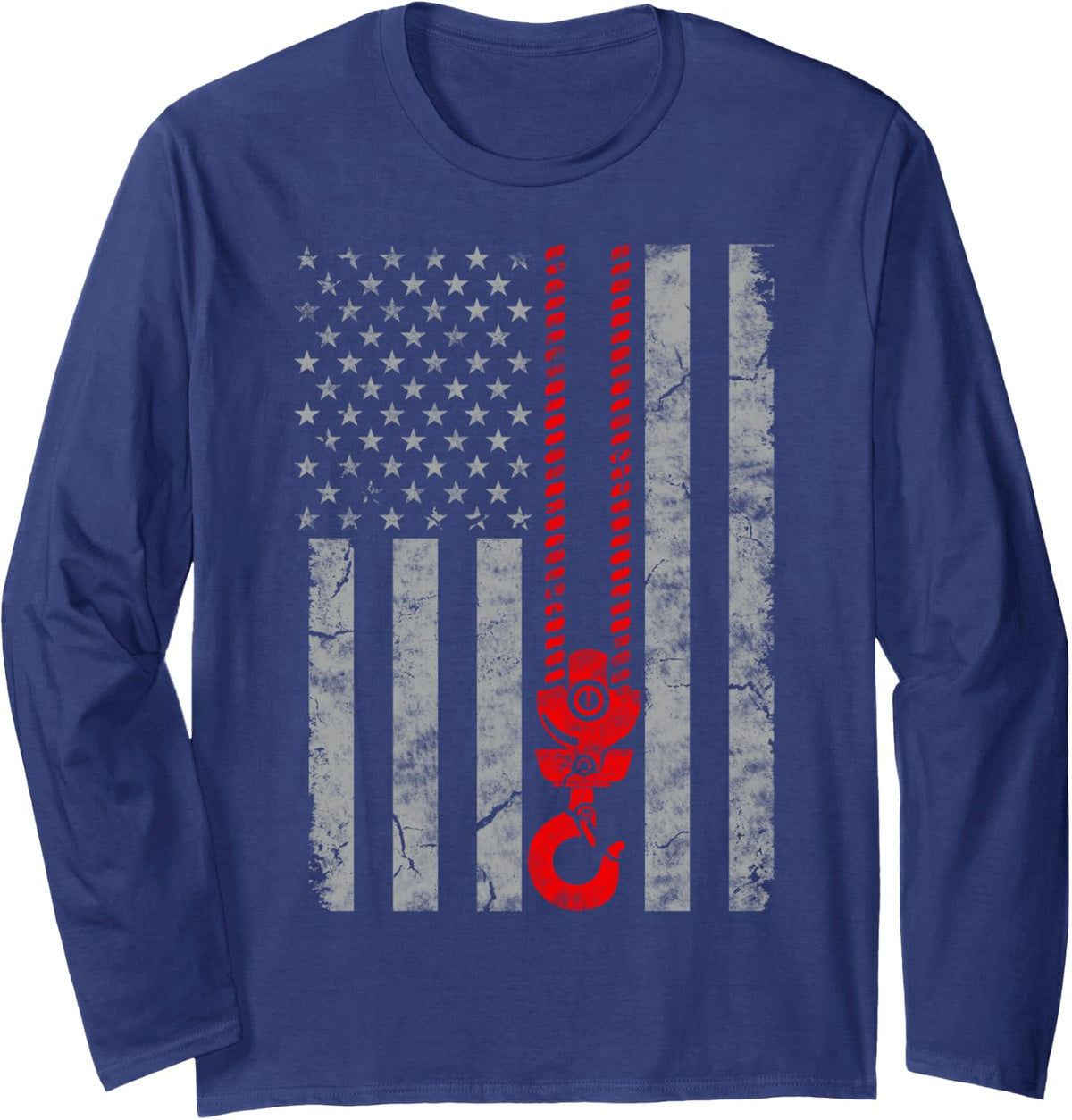 Patriotic Thin Red Line American Crane Operator flag Long Sleeve T-Shirt - Adult Unisex Navy Blue