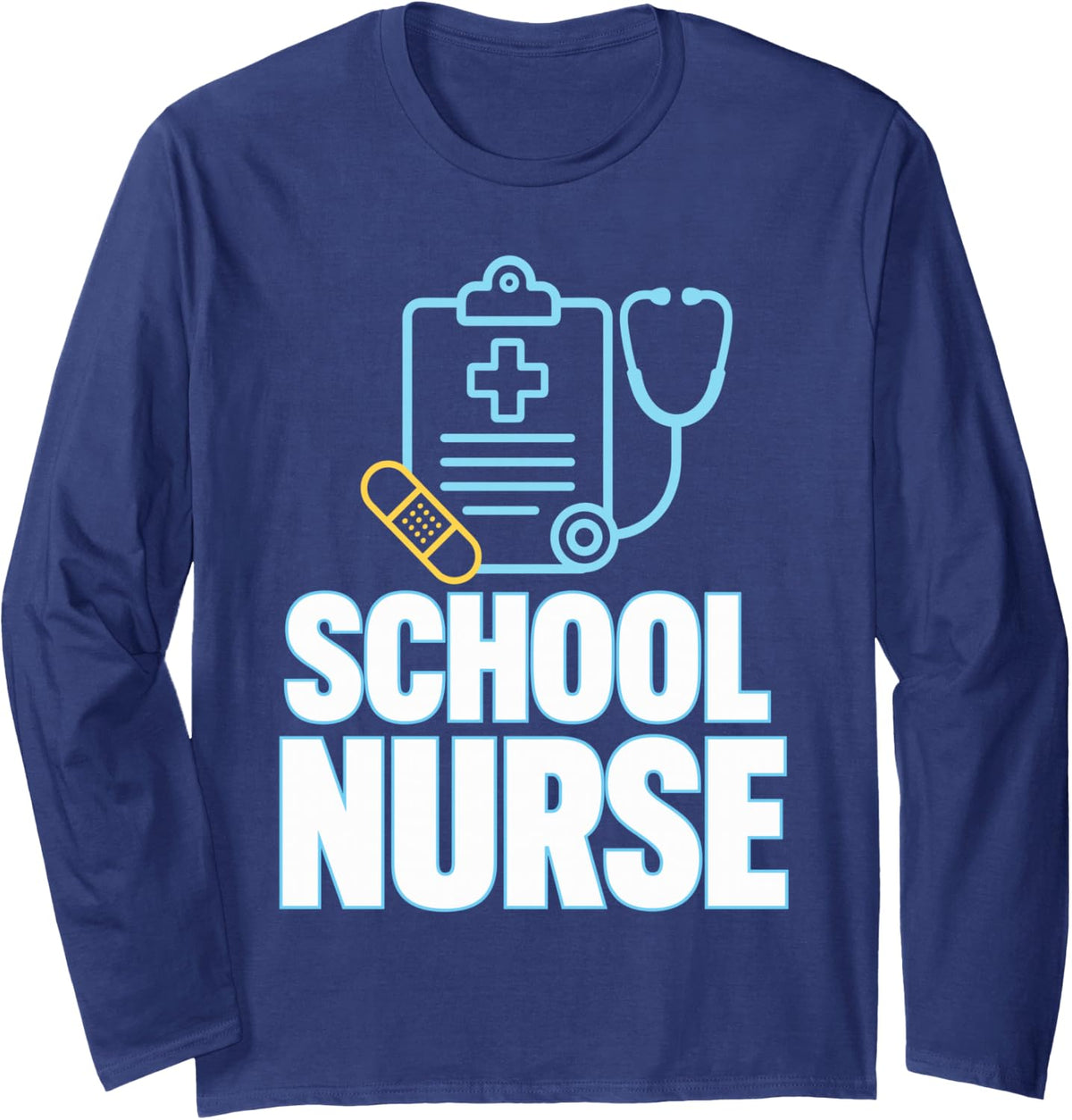 School Nurse Stethoscope Clipboard Bandage Medical Long Sleeve T-Shirt - Adult Unisex Navy Blue