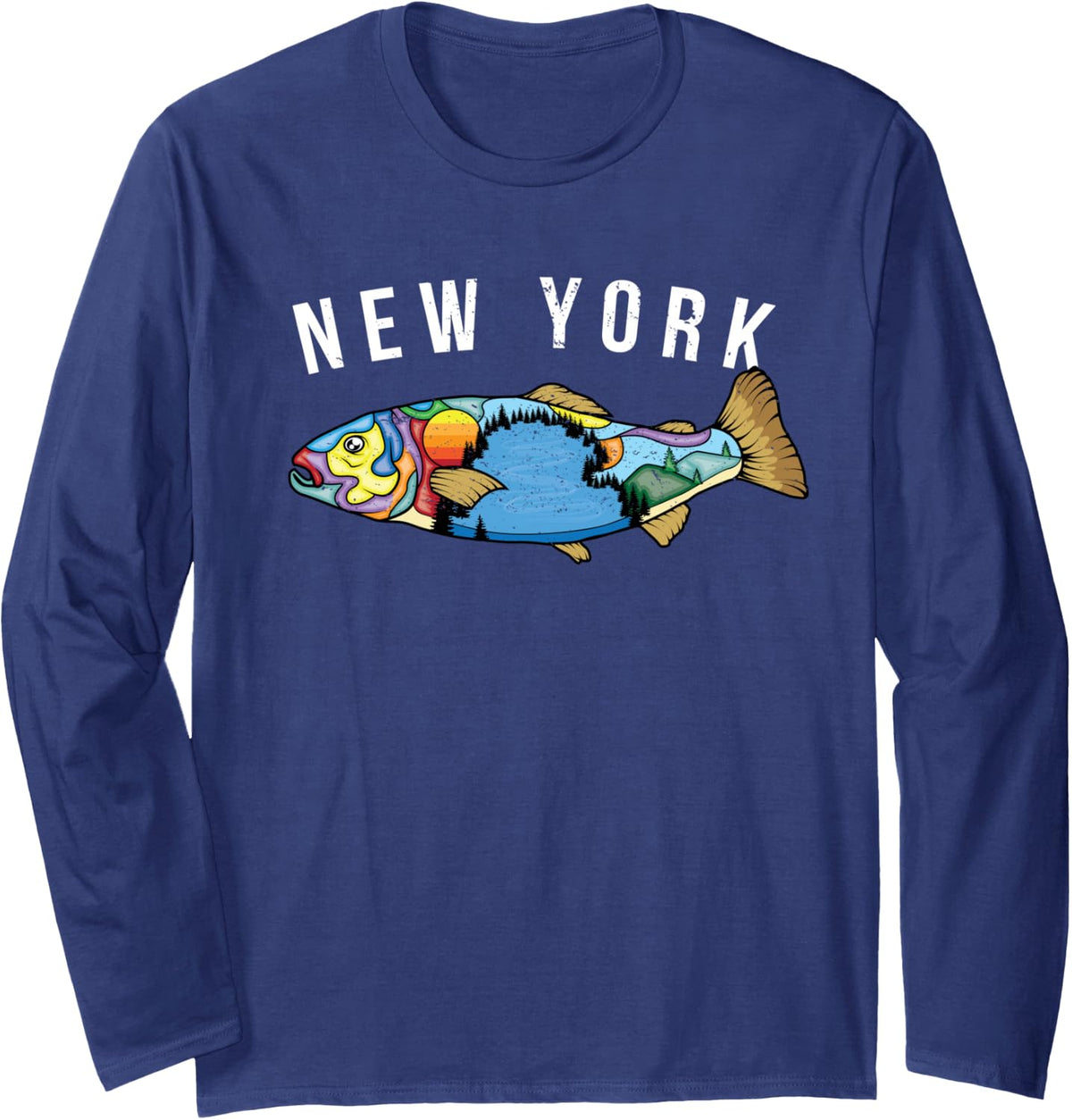 New York Map Trout Fishing Trout Fish Freshwater Fisherman Long Sleeve T-Shirt - Adult Unisex Navy Blue